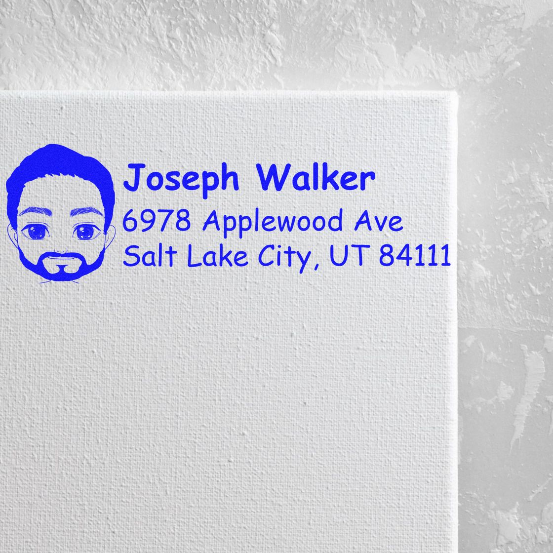 Custom return address rubber stamp for Joseph Walker, Salt Lake City, UT 84111, with illustrated face logo.