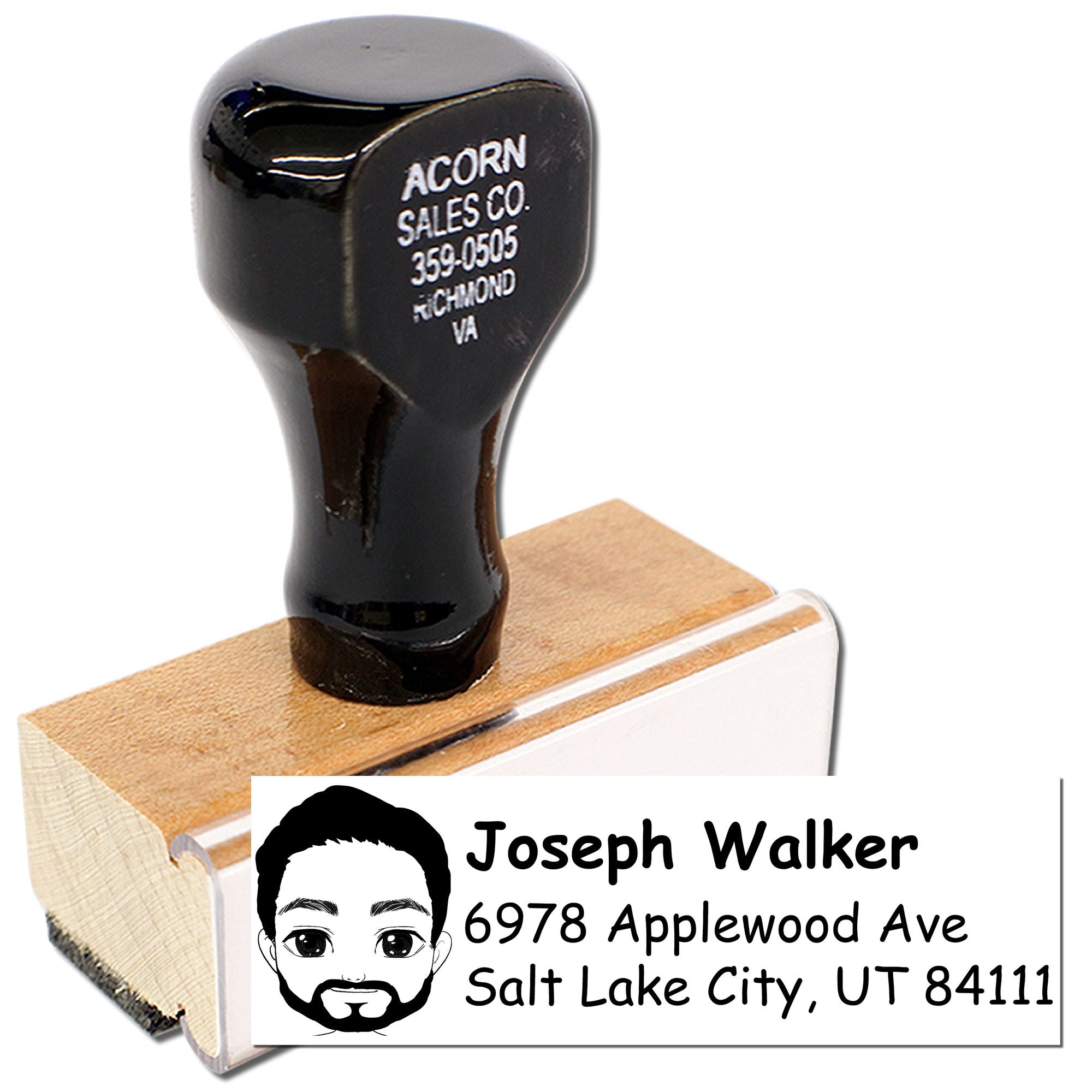 Custom address rubber stamp with personalized name, logo, and return address for business or home mailing.