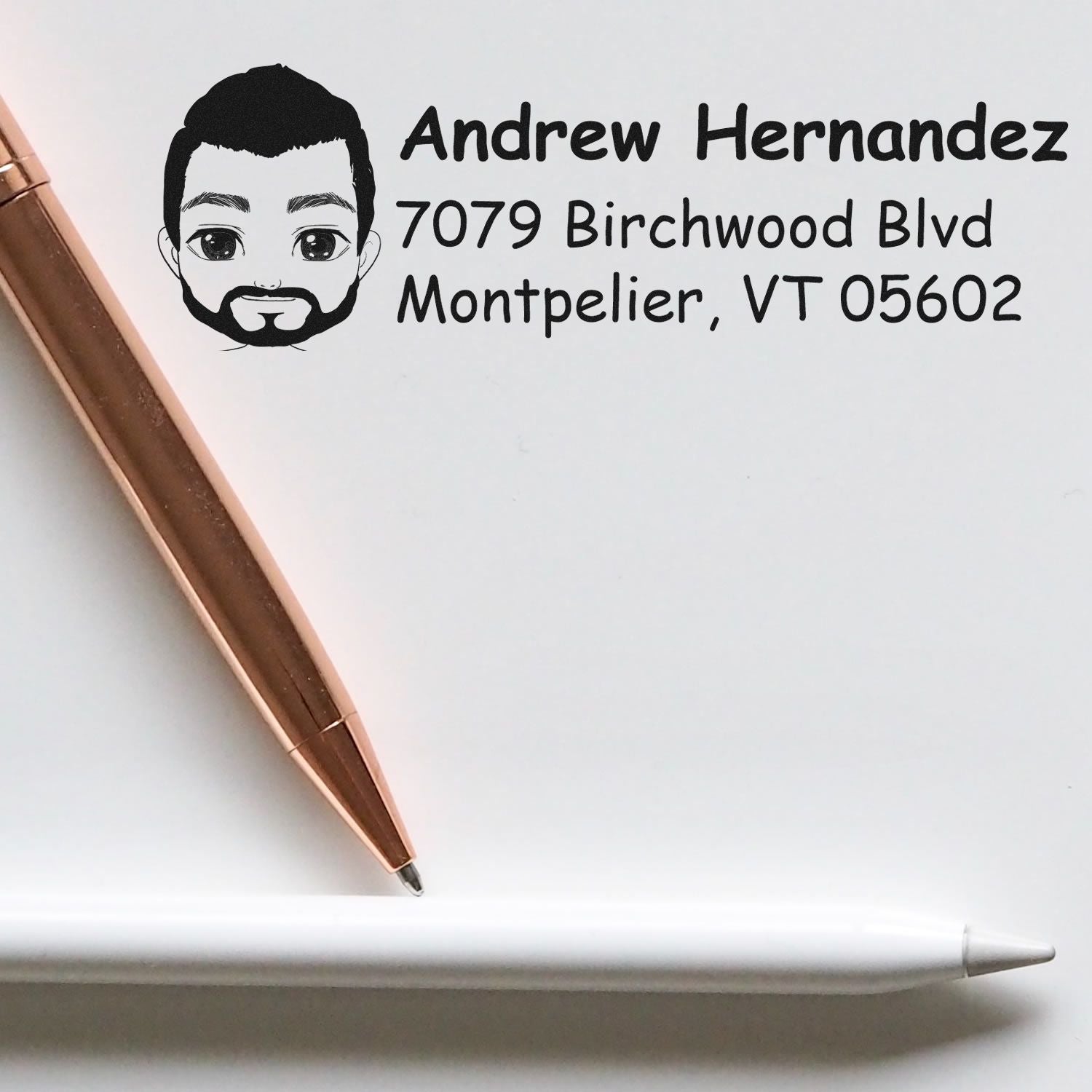 Custom return address rubber stamp with male avatar, personalized name and address for envelopes and mail.
