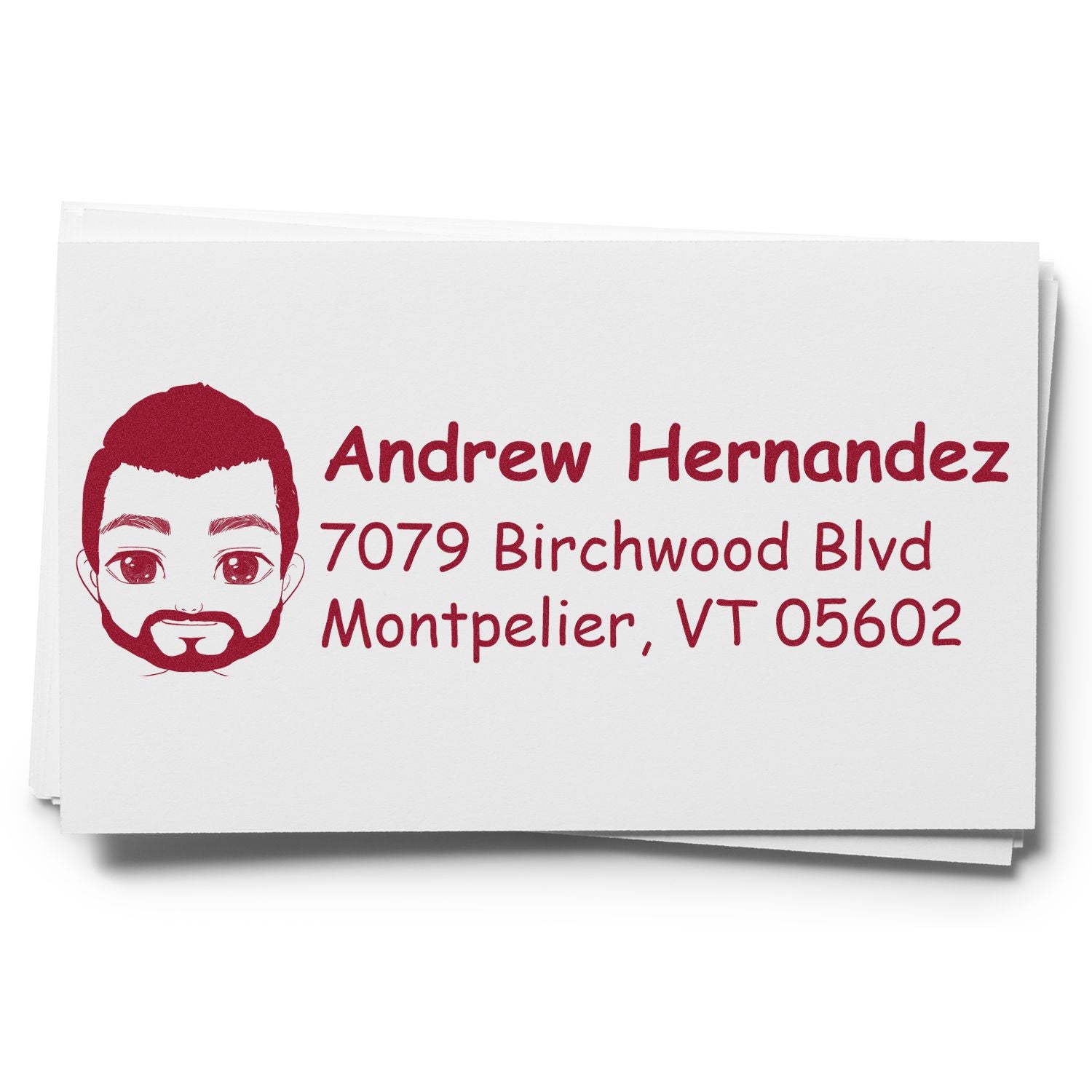 Personalized rubber return address stamp with illustrated man portrait for Andrew Hernandez, Montpelier, VT 05602.