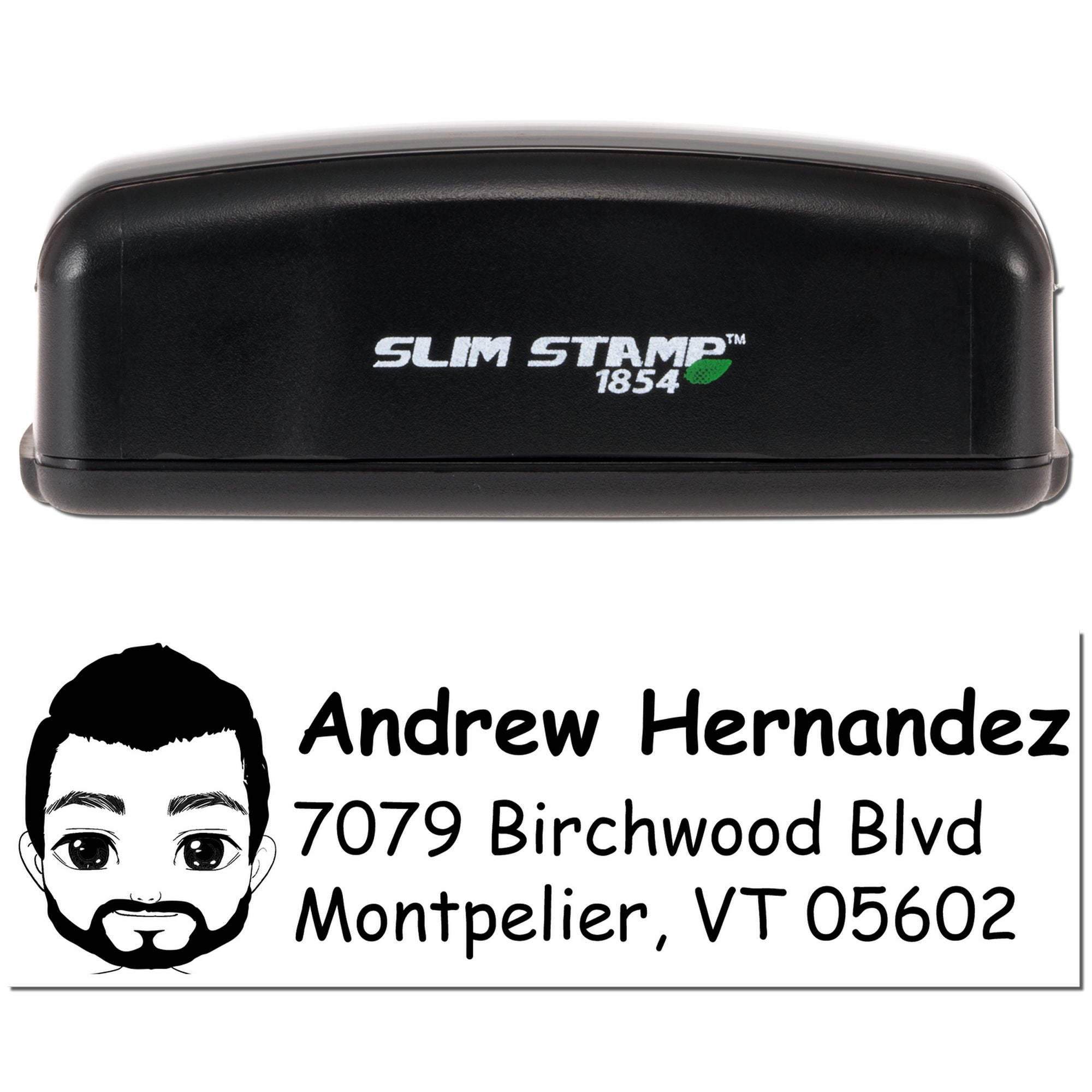 Custom Slim Stamp 1854 address rubber stamp with portrait design for Andrew Hernandez, Montpelier, VT 05602