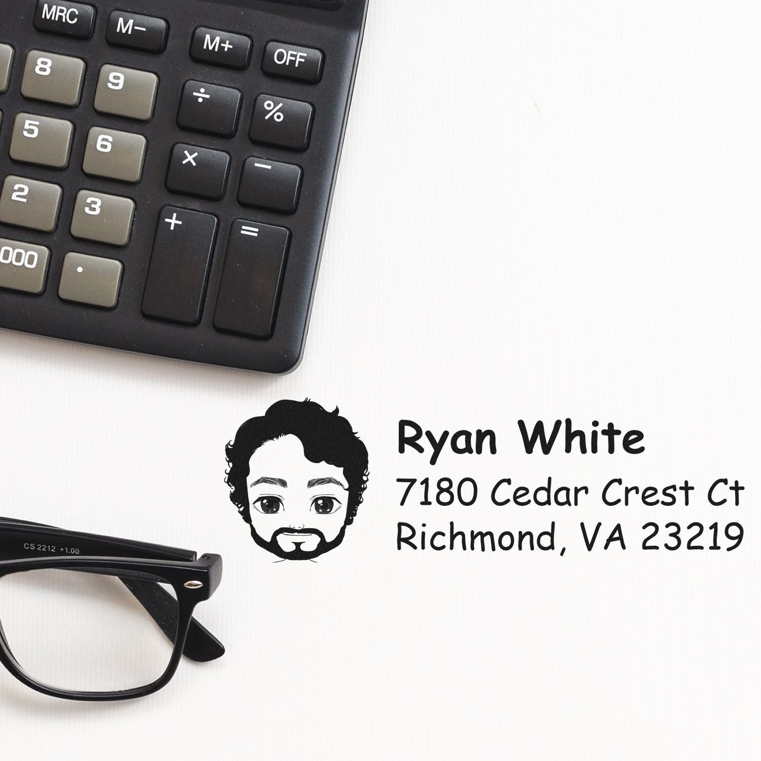 Personalized address rubber stamp with avatar for Ryan White, 7180 Cedar Crest Ct, Richmond, VA 23219.