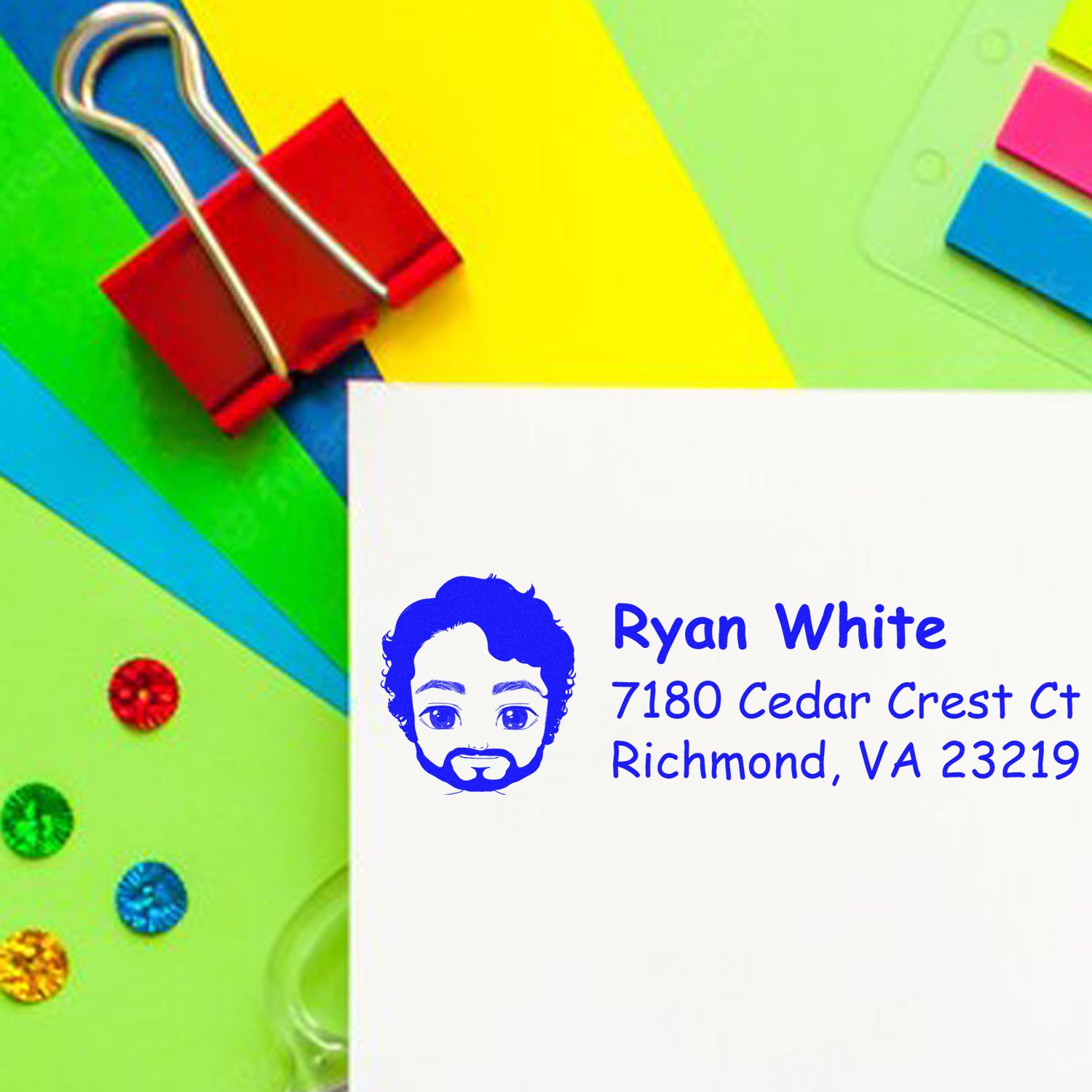 Custom return address rubber stamp with portrait icon, showing Ryan Whites name and Richmond, VA address on a card.