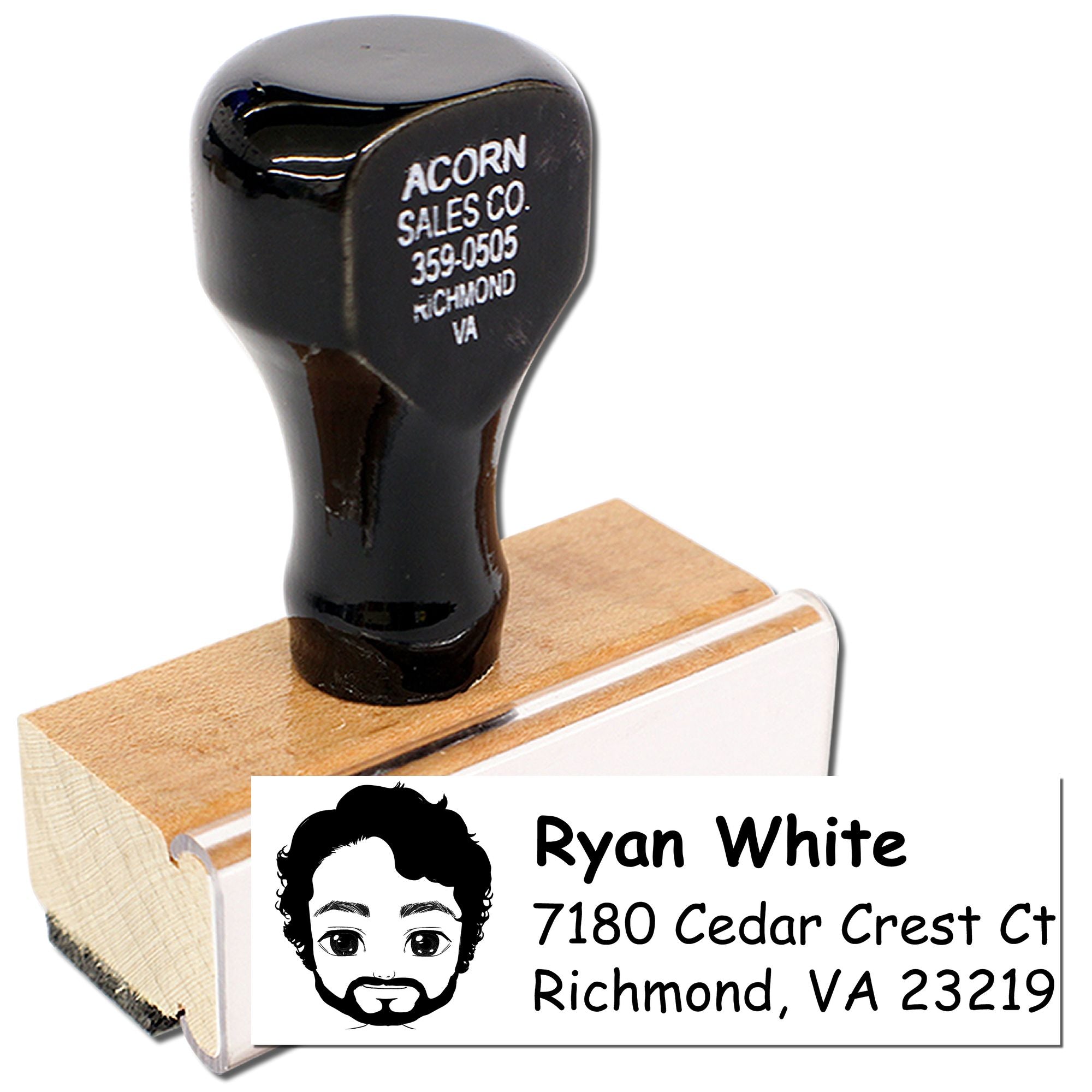 Personalized address rubber stamp with custom name and return address design for business mail and envelopes.