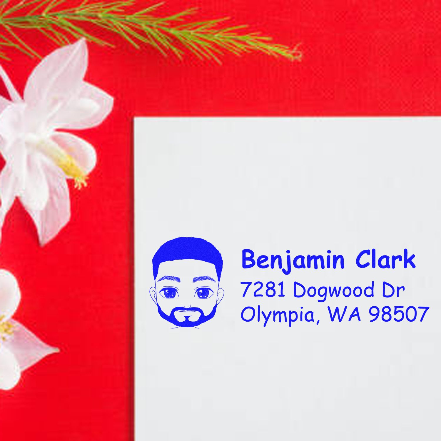 Custom address rubber stamp with cartoon portrait for Benjamin Clark, 7281 Dogwood Dr, Olympia, WA 98507.