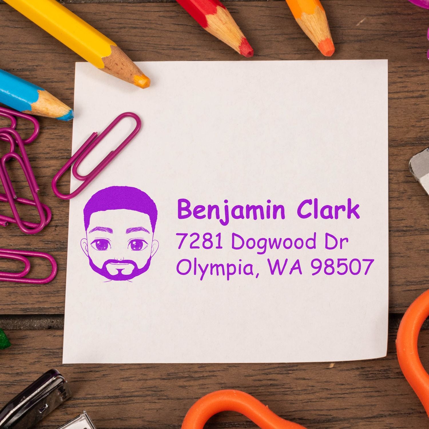 Personalized rubber return address stamp with avatar for Benjamin Clark, Olympia WA, ideal for mailing and stationery.