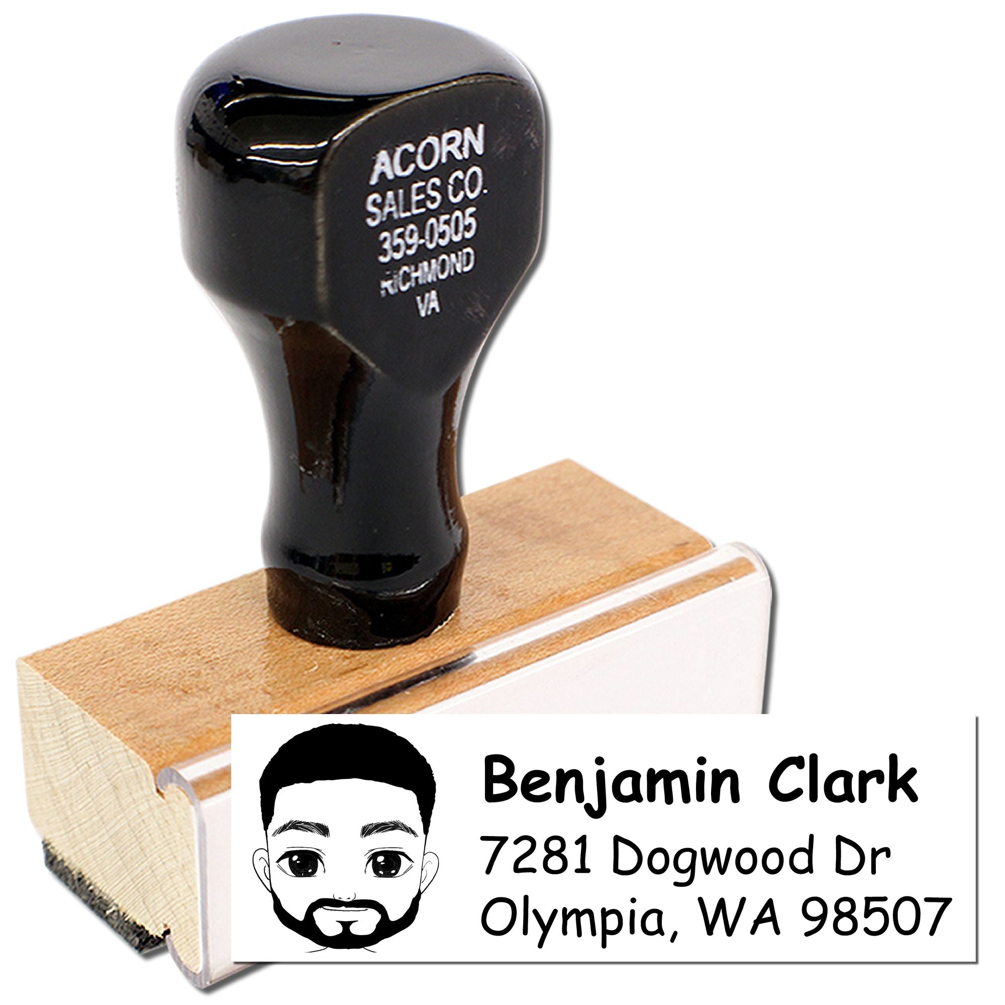 Custom rubber address stamp with personalized name, face logo, and return address for Benjamin Clark in Olympia, WA.