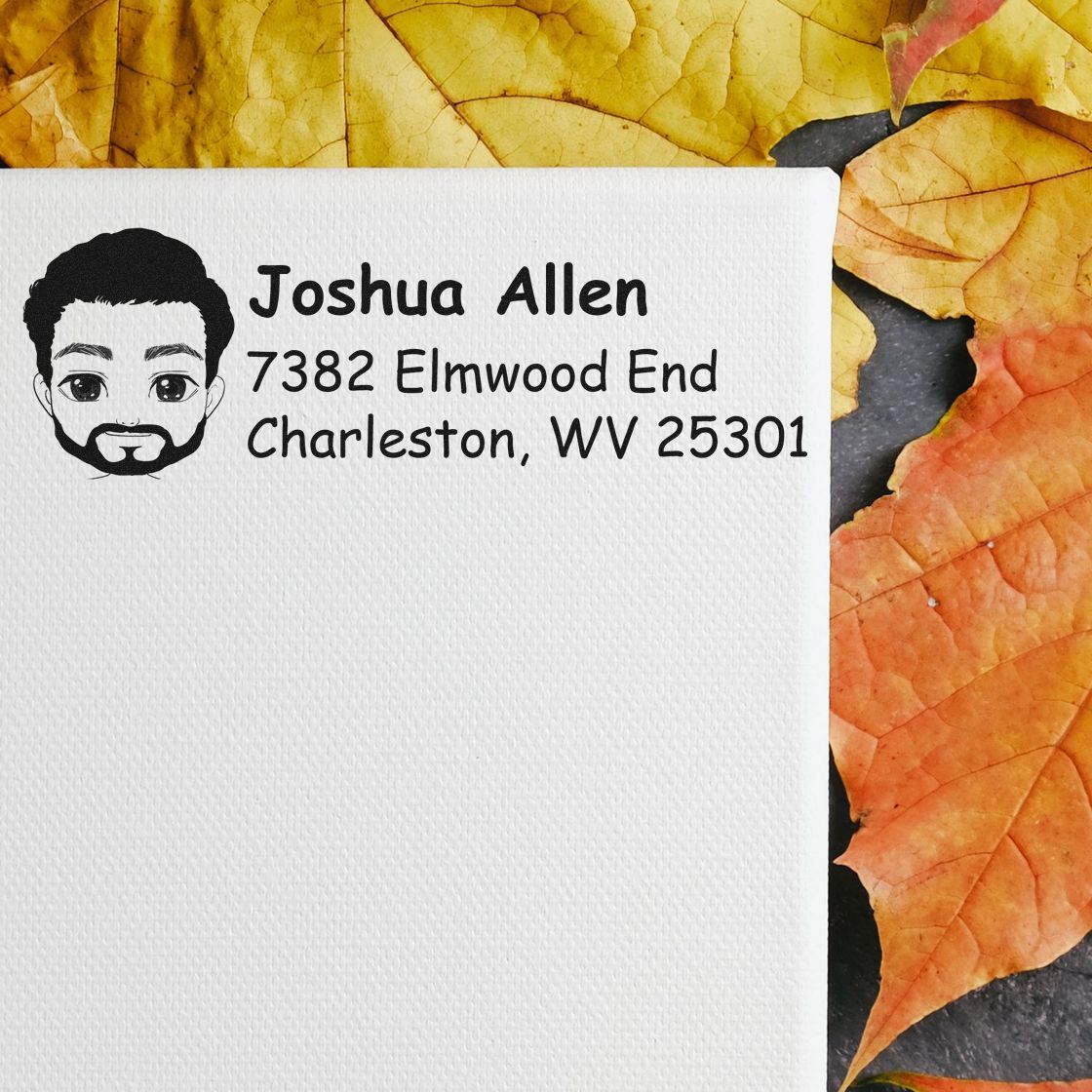 Custom return address rubber stamp with illustrated male portrait for Joshua Allen, 7382 Elmwood End, Charleston, WV 25301.