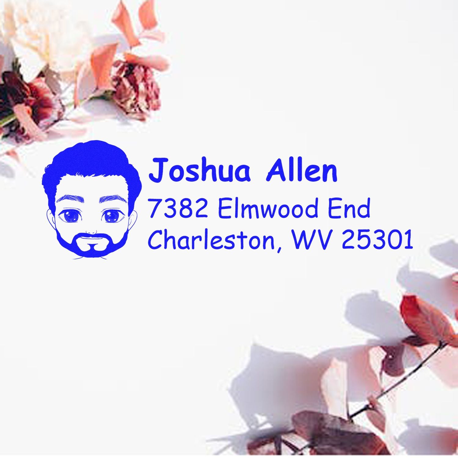 Custom return address rubber stamp with avatar for Joshua Allen, 7382 Elmwood End, Charleston, WV 25301.