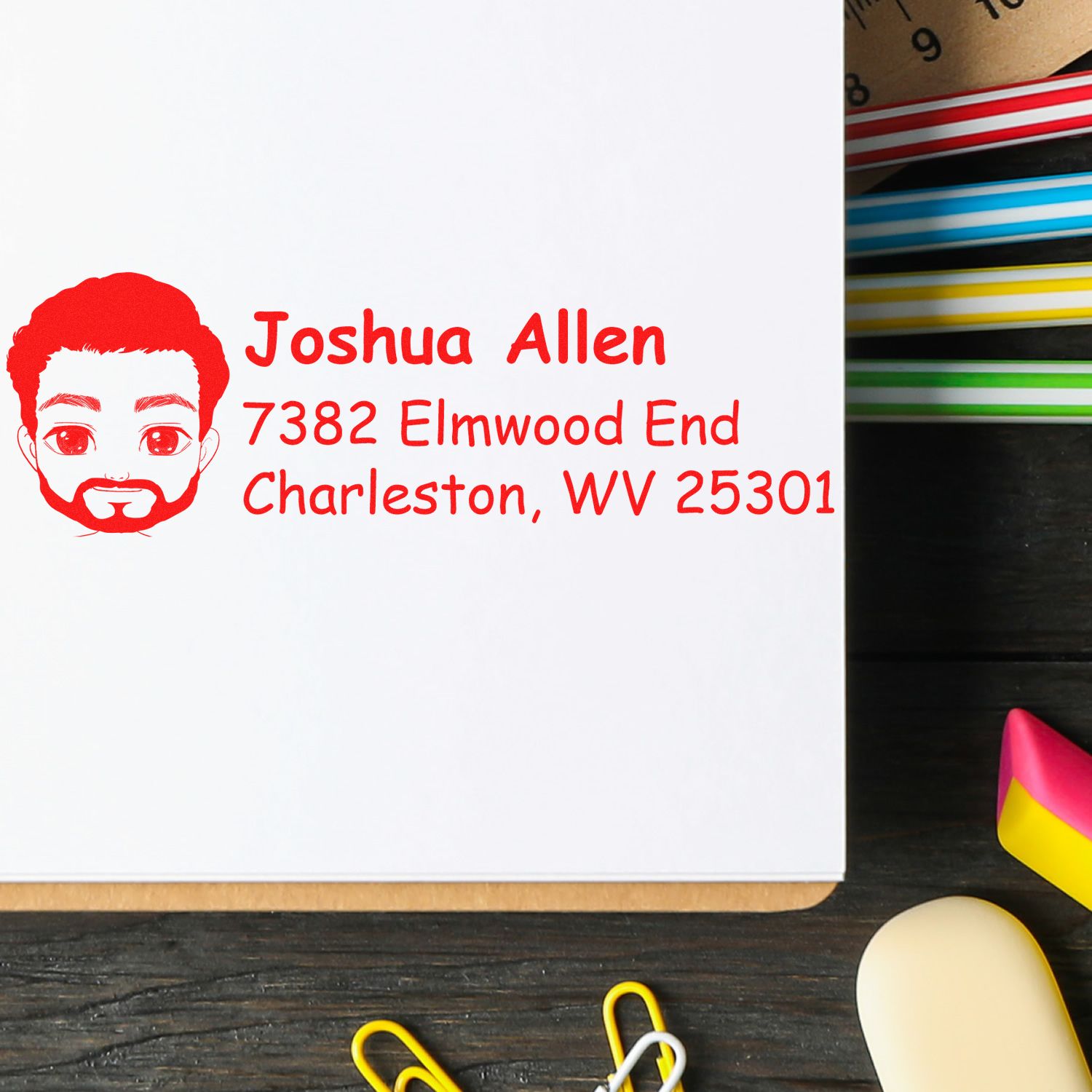 Custom address rubber stamp with avatar for Joshua Allen, Charleston, WV, ideal for envelopes, stationery, and mailing labels.