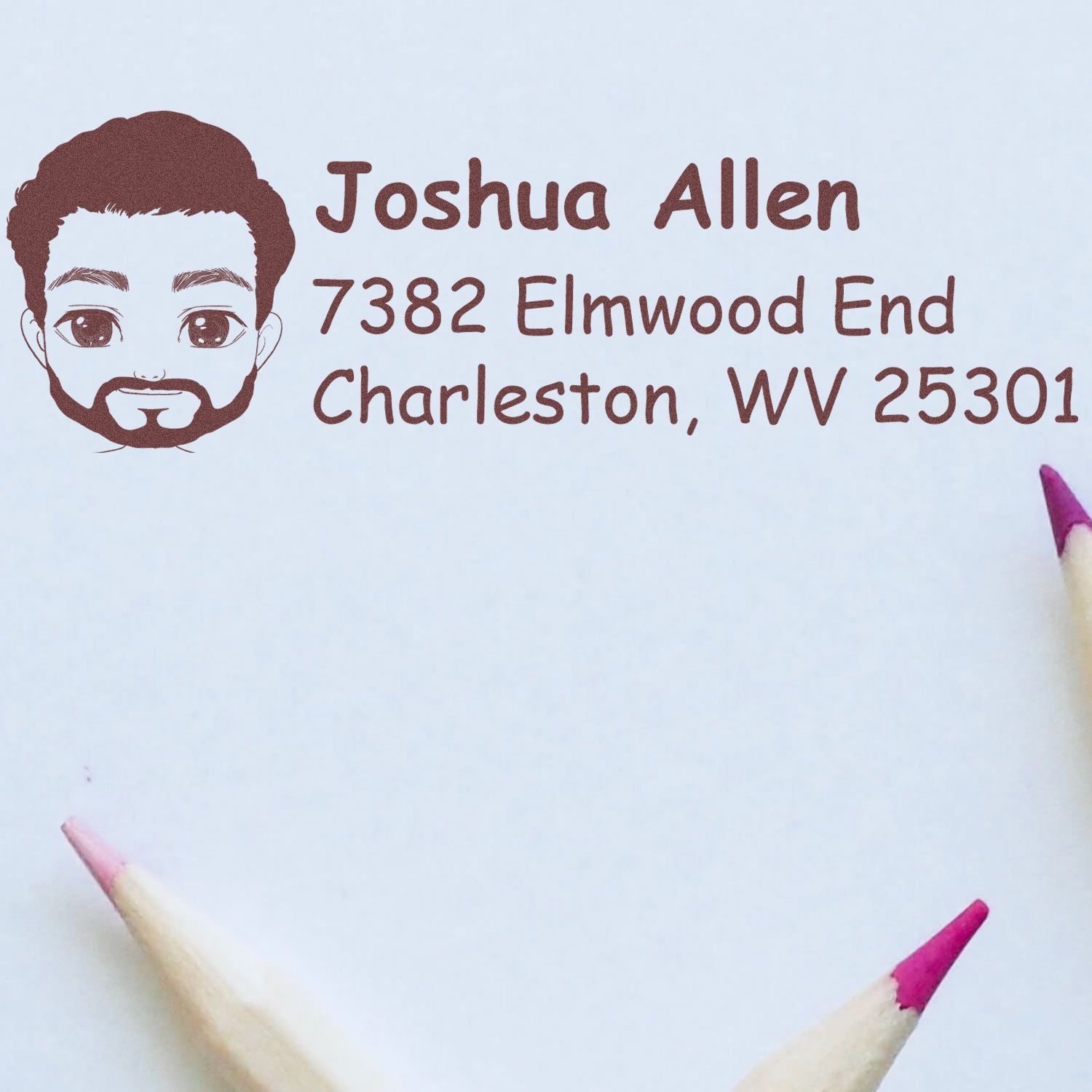 Custom rubber address stamp with bearded face logo, personalized for Joshua Allen, Charleston, WV 25301