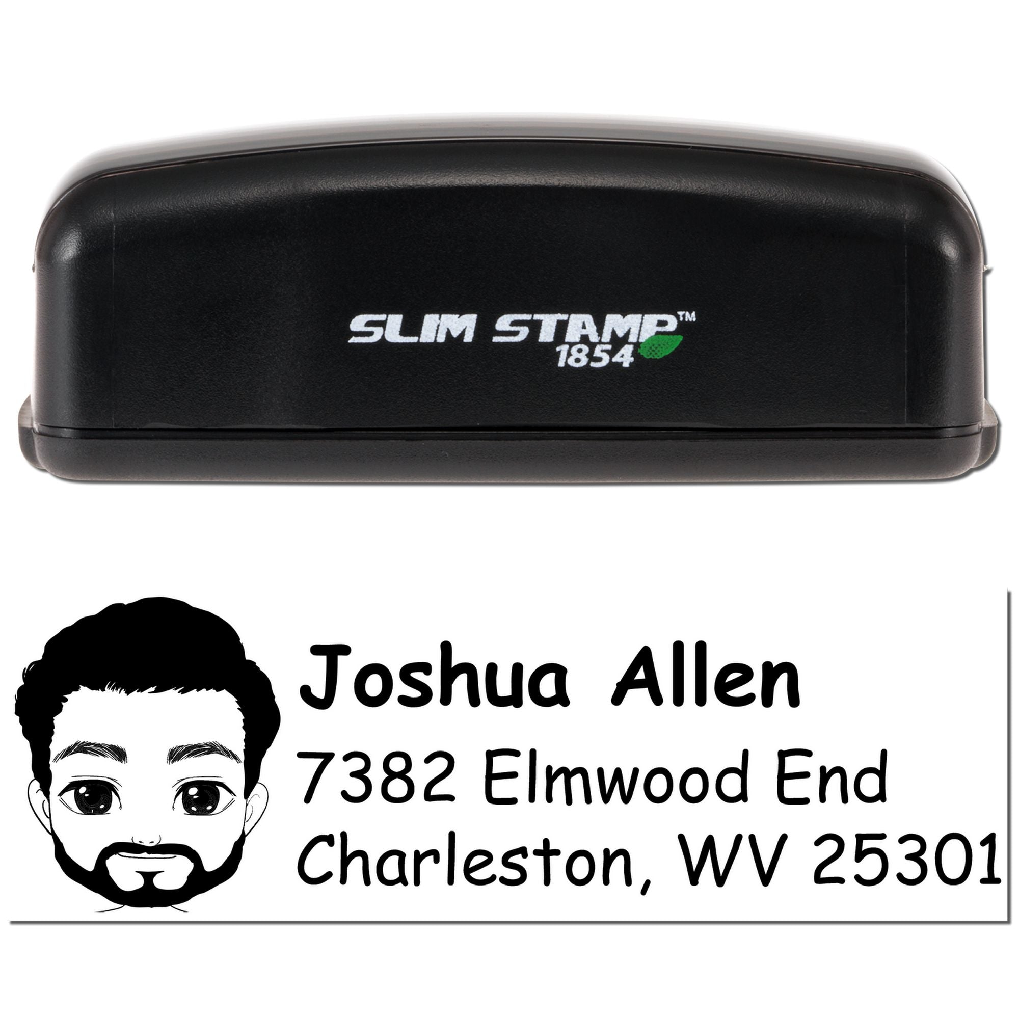 Personalized self-inking rubber stamp with custom address design for Joshua Allen, featuring portrait icon and mailing info.