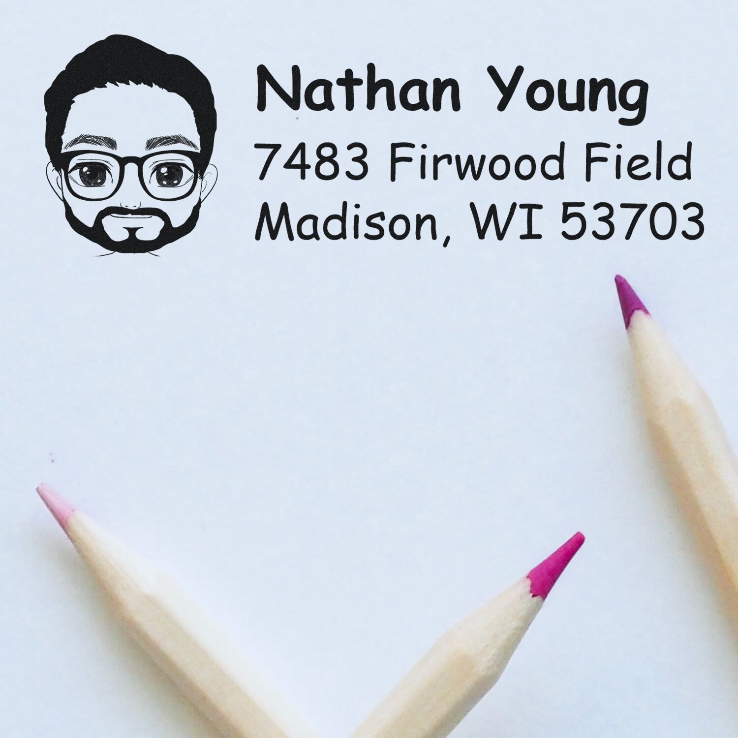 Custom rubber address stamp with cartoon avatar for Nathan Young, 7483 Firwood Field, Madison, WI 53703.