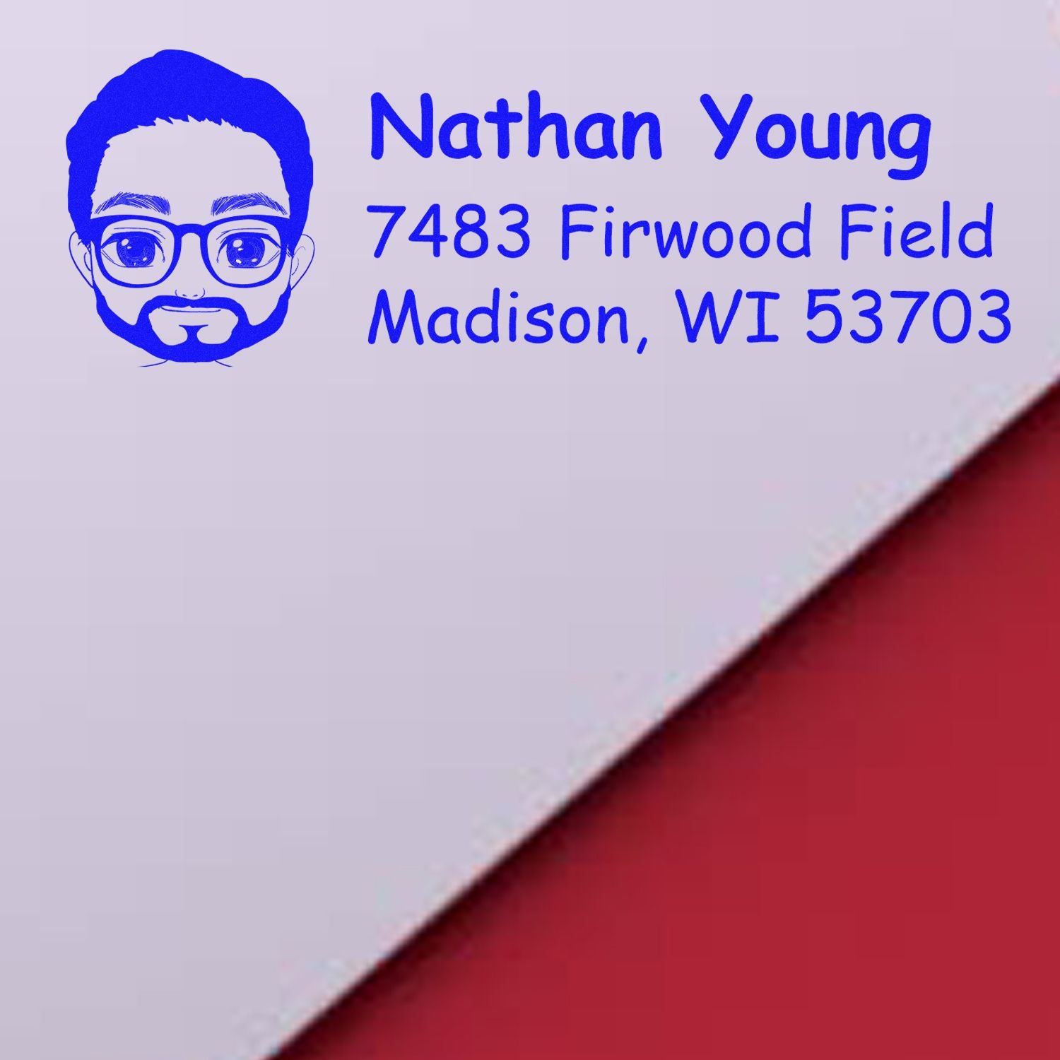 Custom personalized return address rubber stamp with avatar logo, Nathan Young, 7483 Firwood Field, Madison, WI 53703.