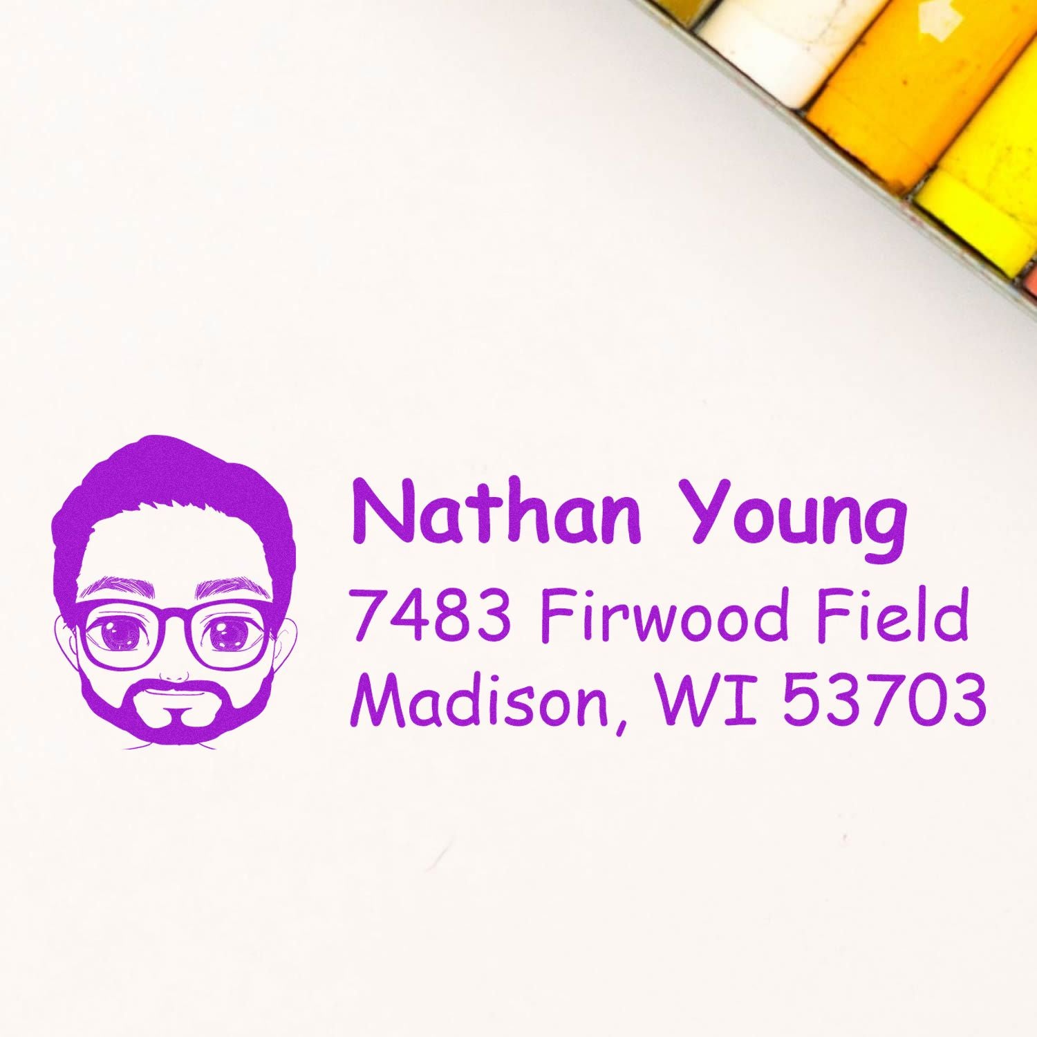 Custom return address rubber stamp with avatar icon, Nathan Young, 7483 Firwood Field, Madison, WI 53703.