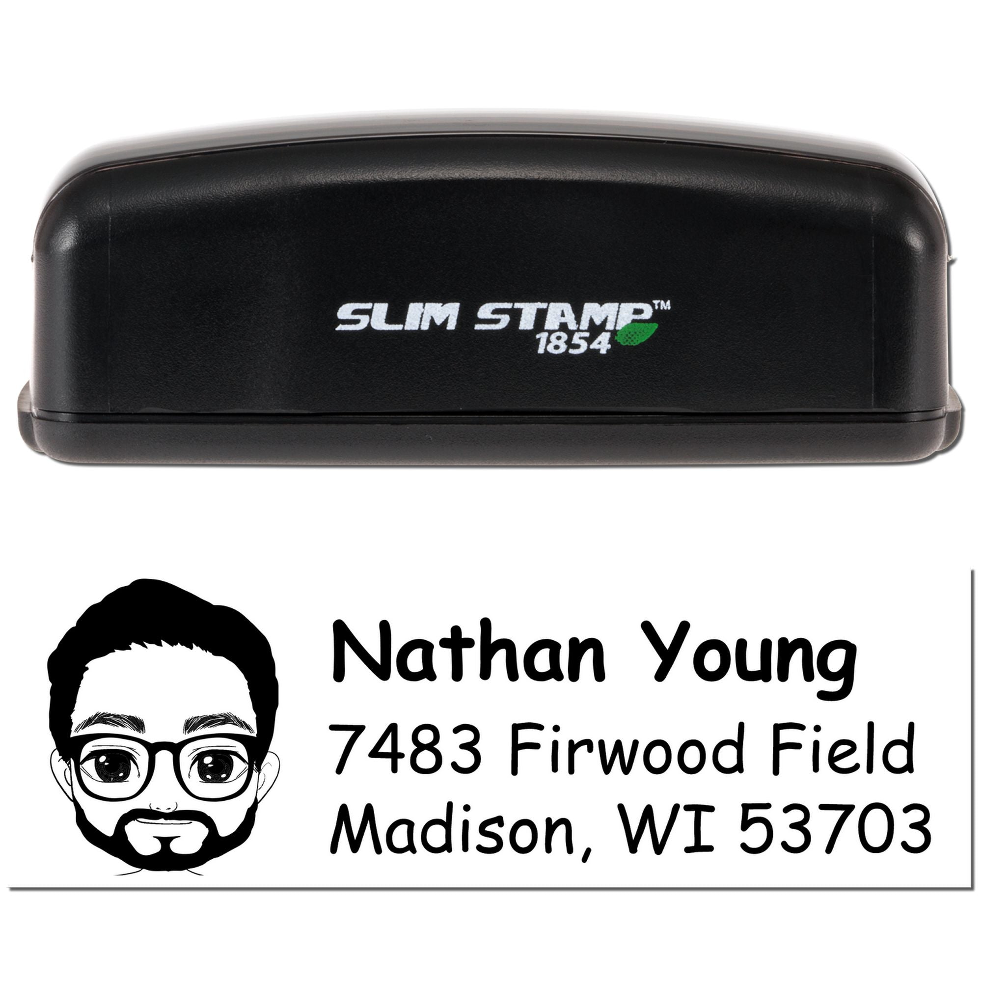 Slim Stamp 1854 self-inking custom address rubber stamp with name, avatar, and mailing address