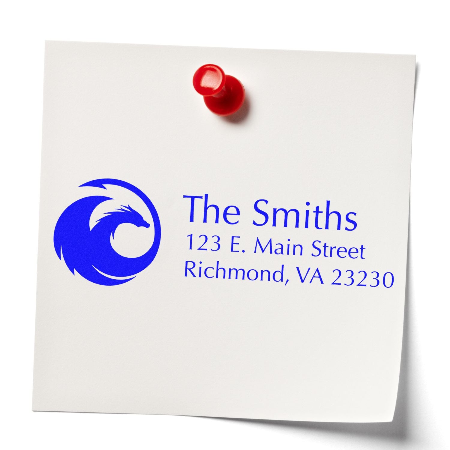 Custom return address rubber stamp with dragon logo for The Smiths, 123 E. Main Street, Richmond, VA 23230.