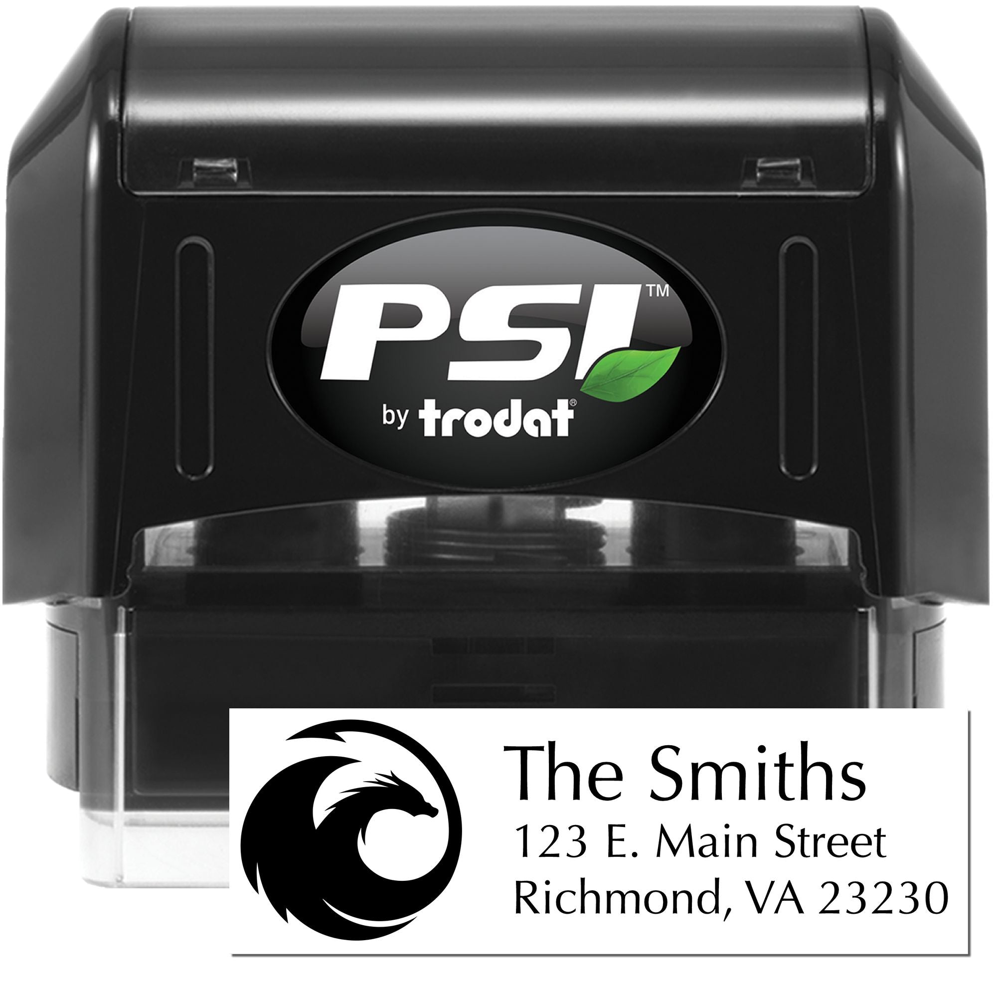 PSI by Trodat self-inking rubber stamp with custom return address for The Smiths, 123 E. Main Street, Richmond, VA 23230.