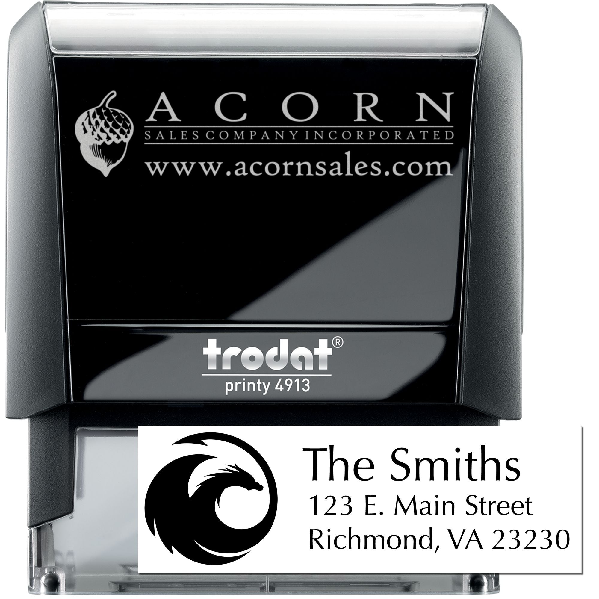 Custom self-inking rubber stamp address stamp with logo for business branding and mailing.