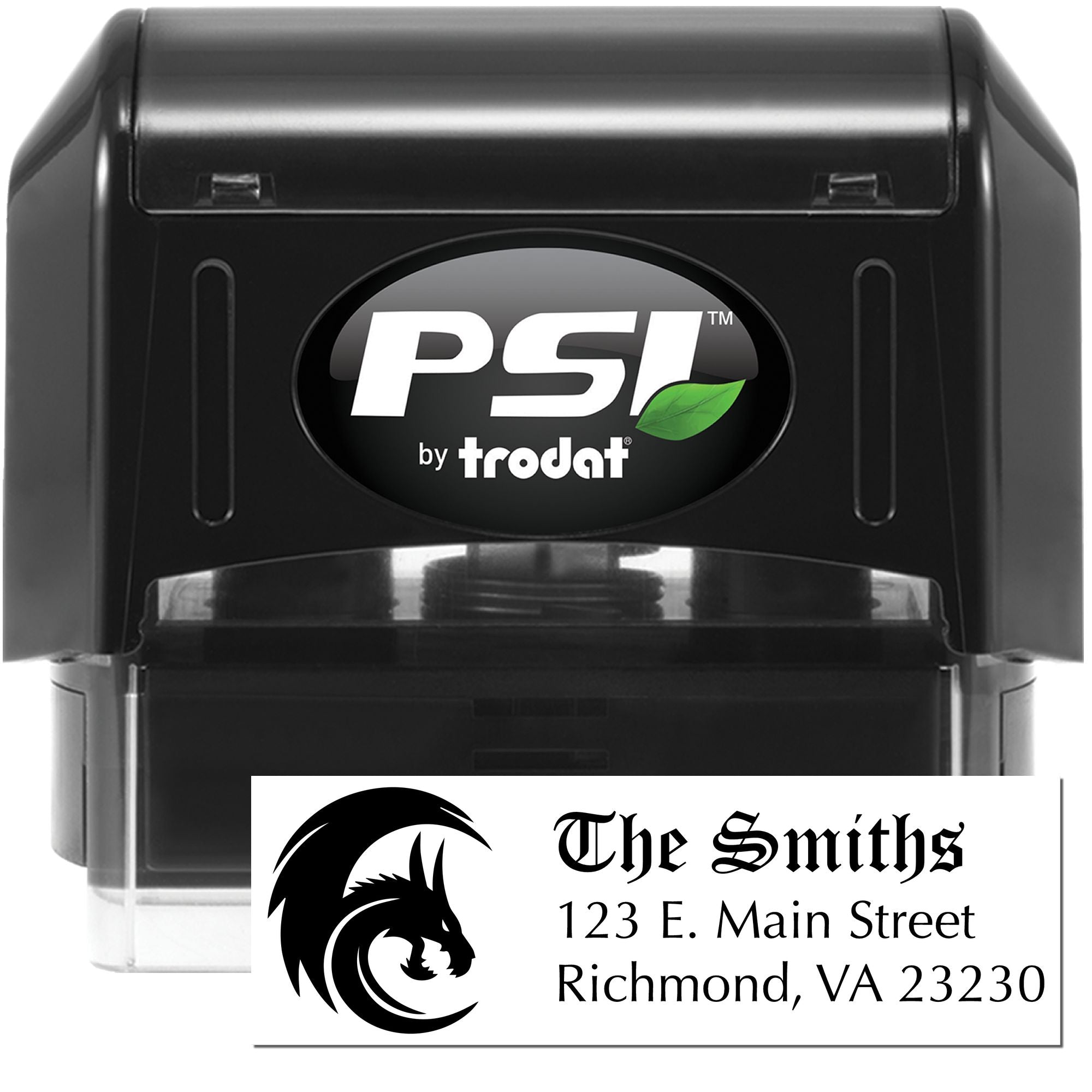 PSI by Trodat self-inking rubber stamp for custom address imprint with dragon logo and The Smiths