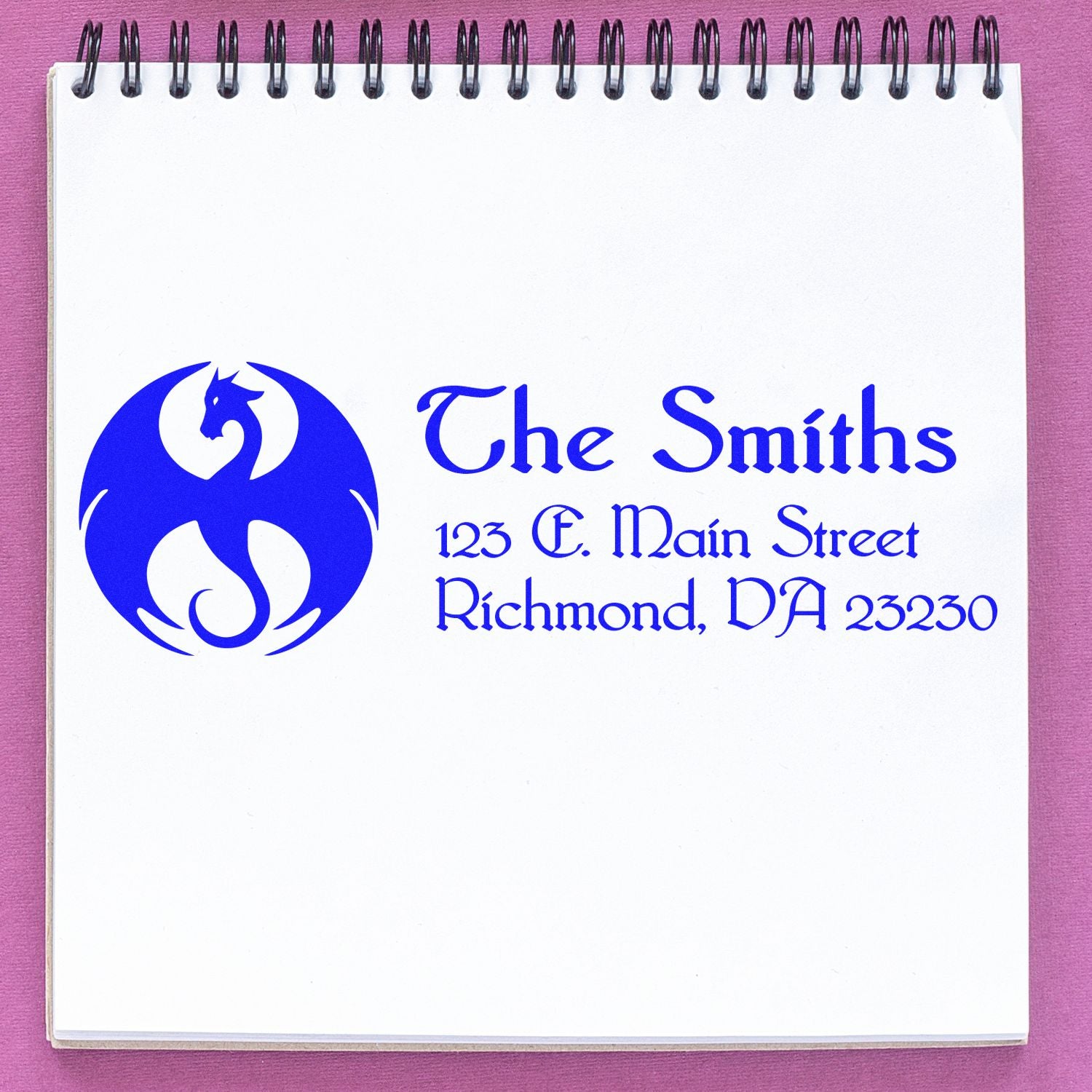 Personalized family address rubber stamp with dragon logo for The Smiths, Richmond, VA