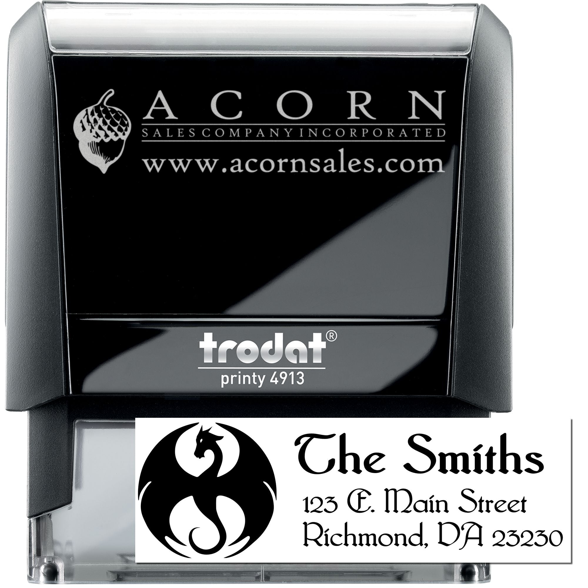 Custom self-inking rubber stamp, Trodat Printy 4913, with logo and address for business branding and mailing.