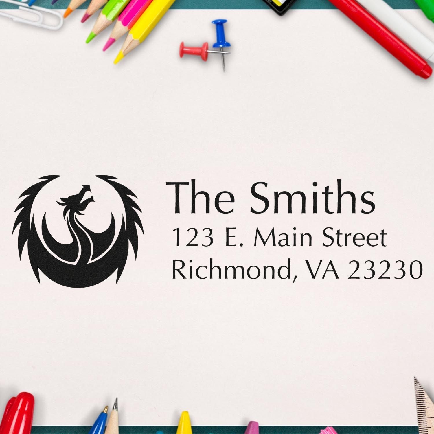 Custom rubber address stamp for The Smiths with phoenix logo and Richmond, VA return address
