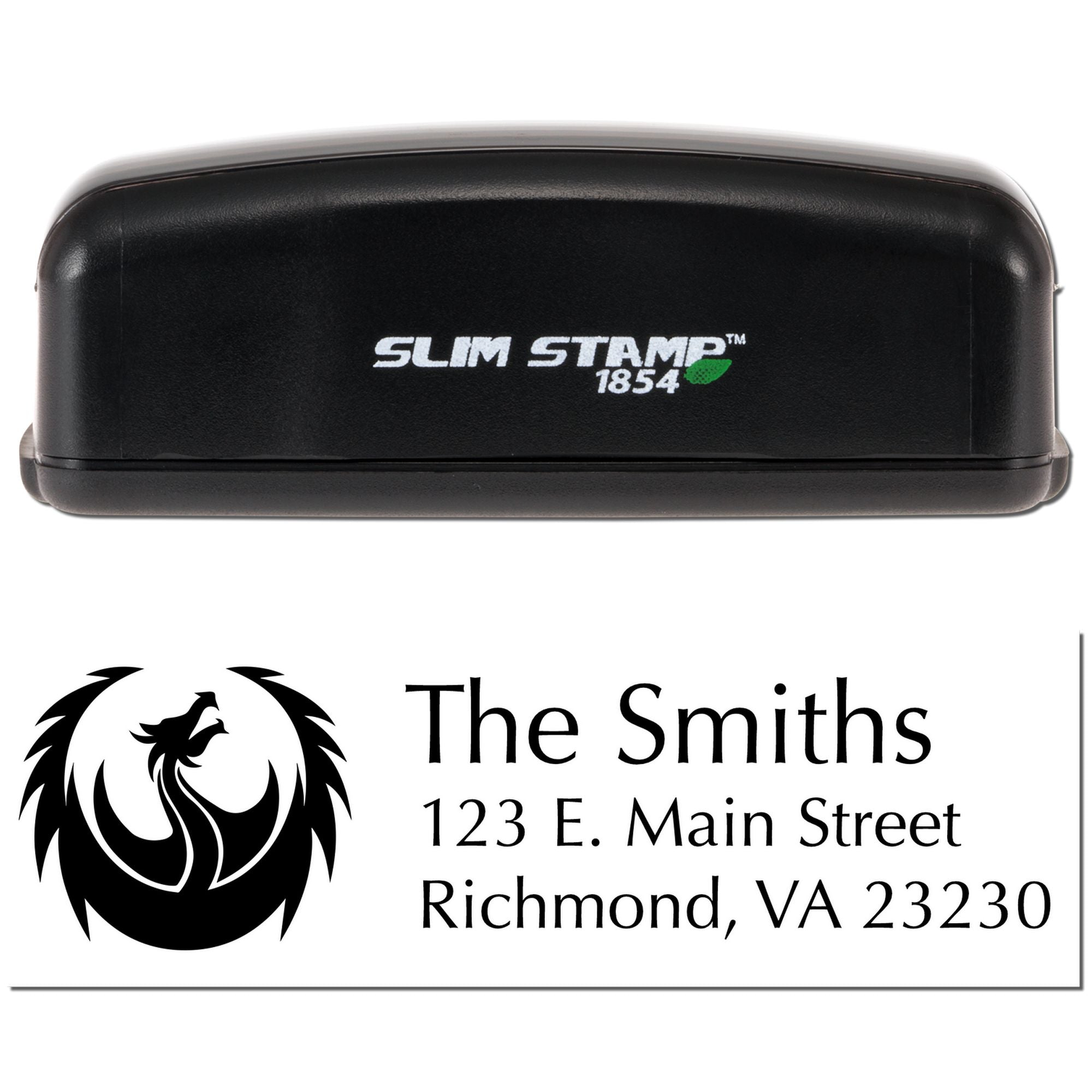 Custom self-inking address stamp with The Smiths logo and Richmond, VA mailing address, shown with Slim Stamp 1854.