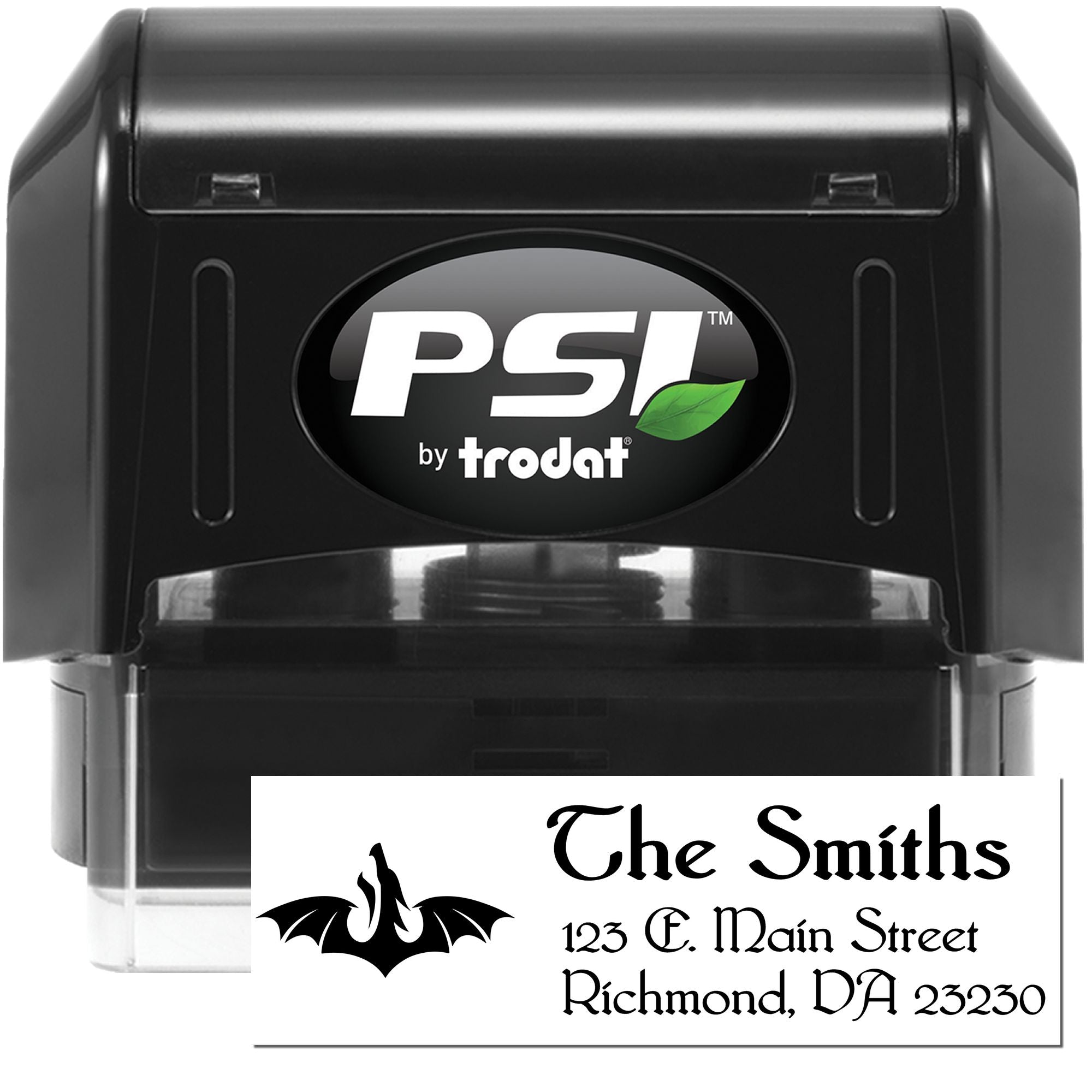Custom self-inking rubber address stamp by PSI Trodat with The Smiths return address and bat logo.