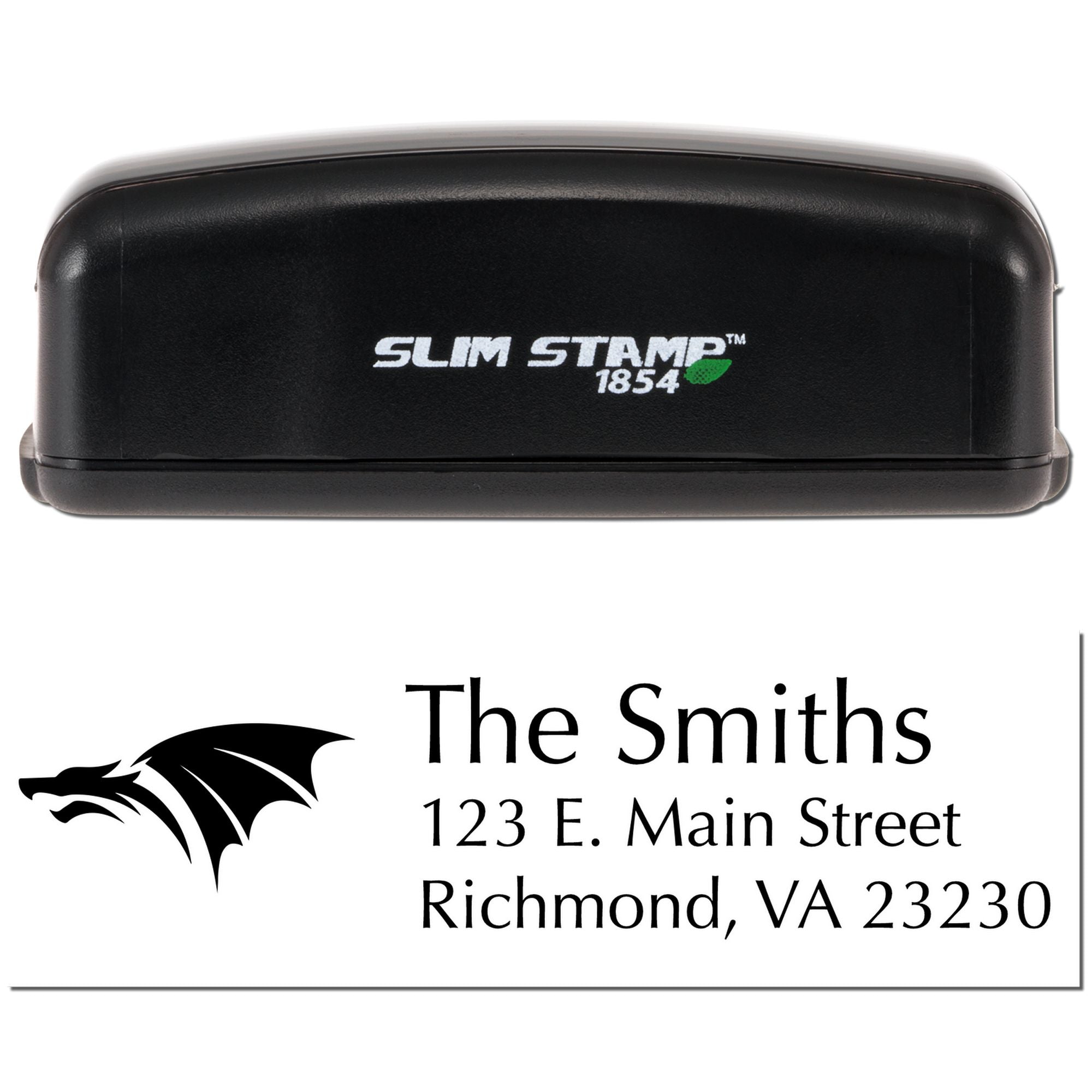 Slim Stamp 1854 custom self-inking rubber stamp for The Smiths address, featuring dragon logo for personalized mailing.