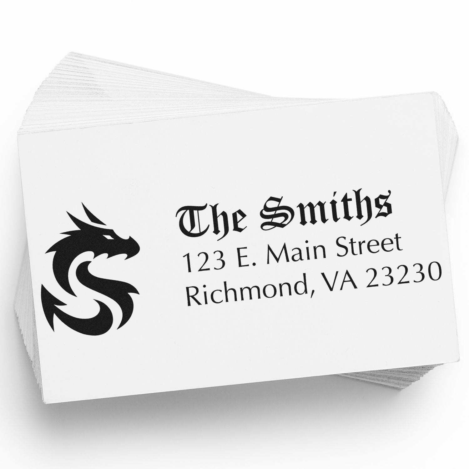 Custom return address rubber stamp with dragon logo for The Smiths, 123 E. Main Street, Richmond, VA 23230.