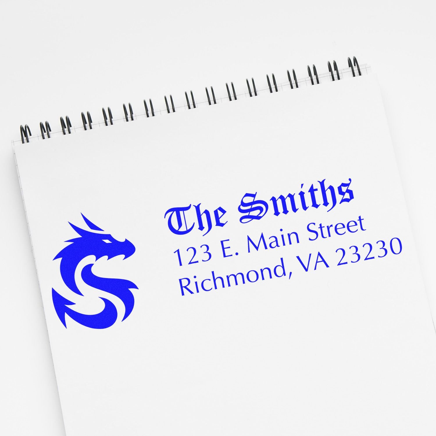Custom return address rubber stamp design for The Smiths, featuring a dragon logo and Richmond, VA mailing address.