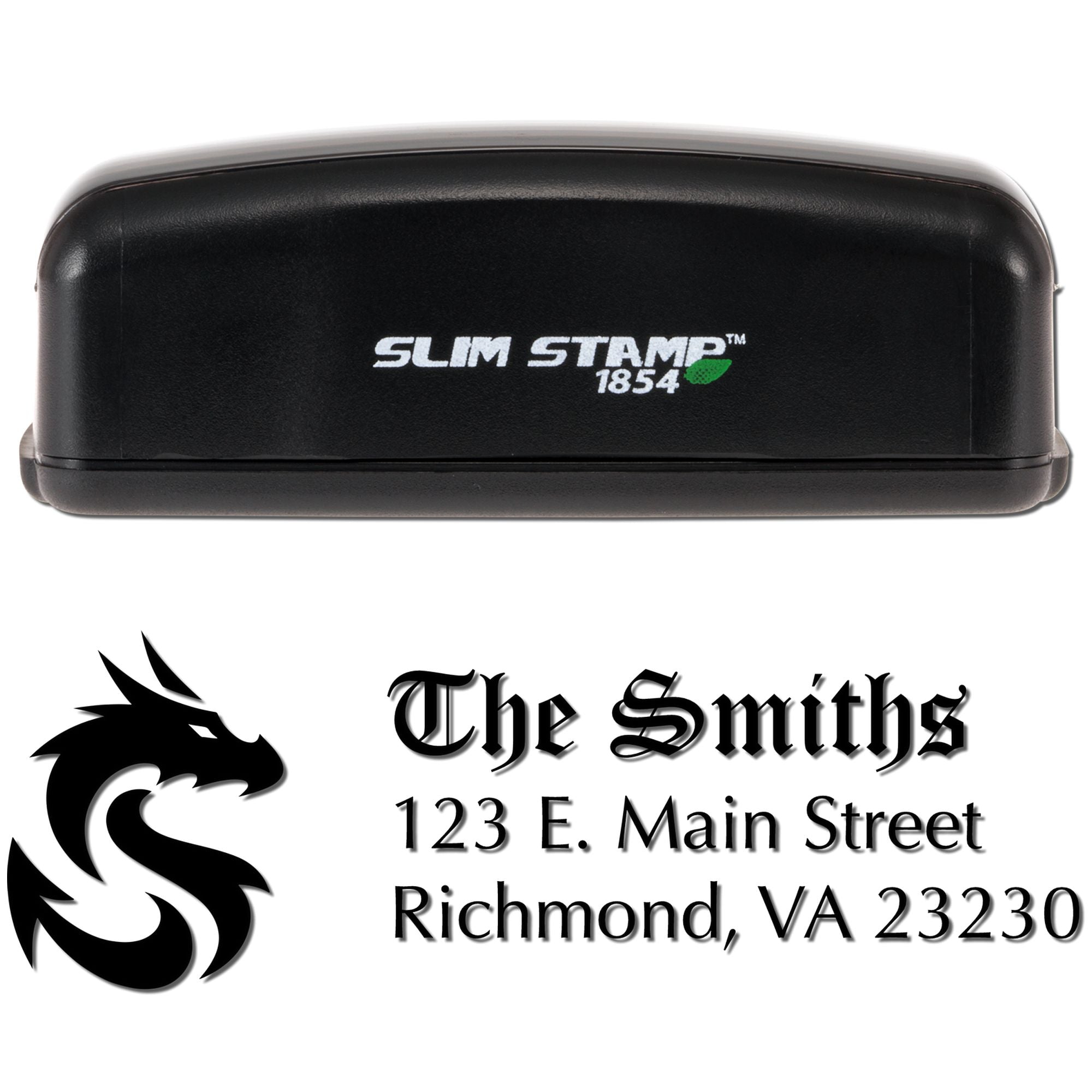Slim Stamp 1854 custom self-inking rubber address stamp with dragon logo for The Smiths, Richmond, VA 23230