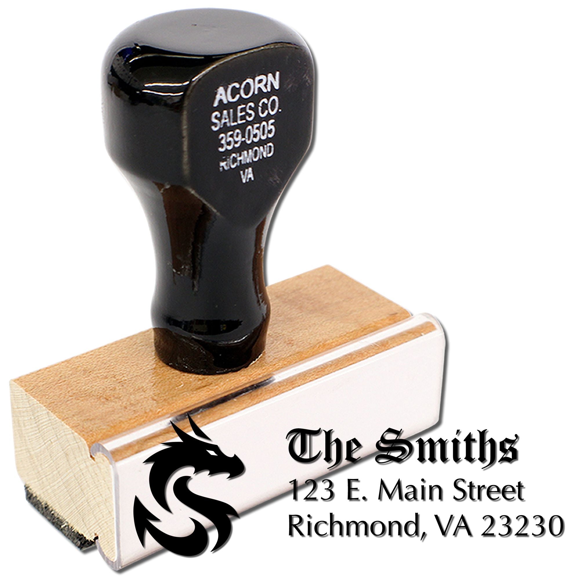 Personalized rubber address stamp for The Smiths with dragon logo and Richmond, VA return address.