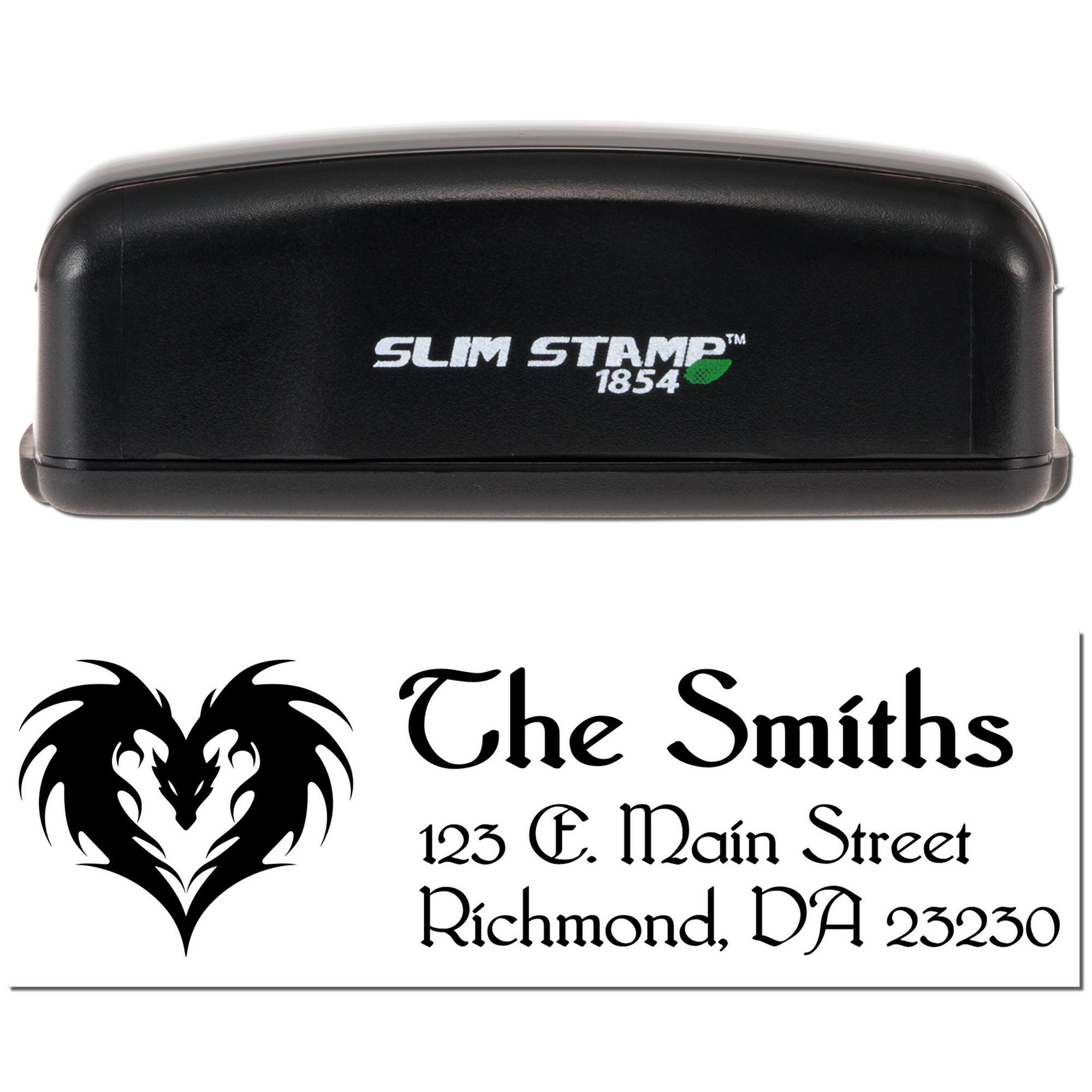 Slim Stamp 1854 custom rubber stamp with dragon logo and business address for The Smiths, Richmond, VA.