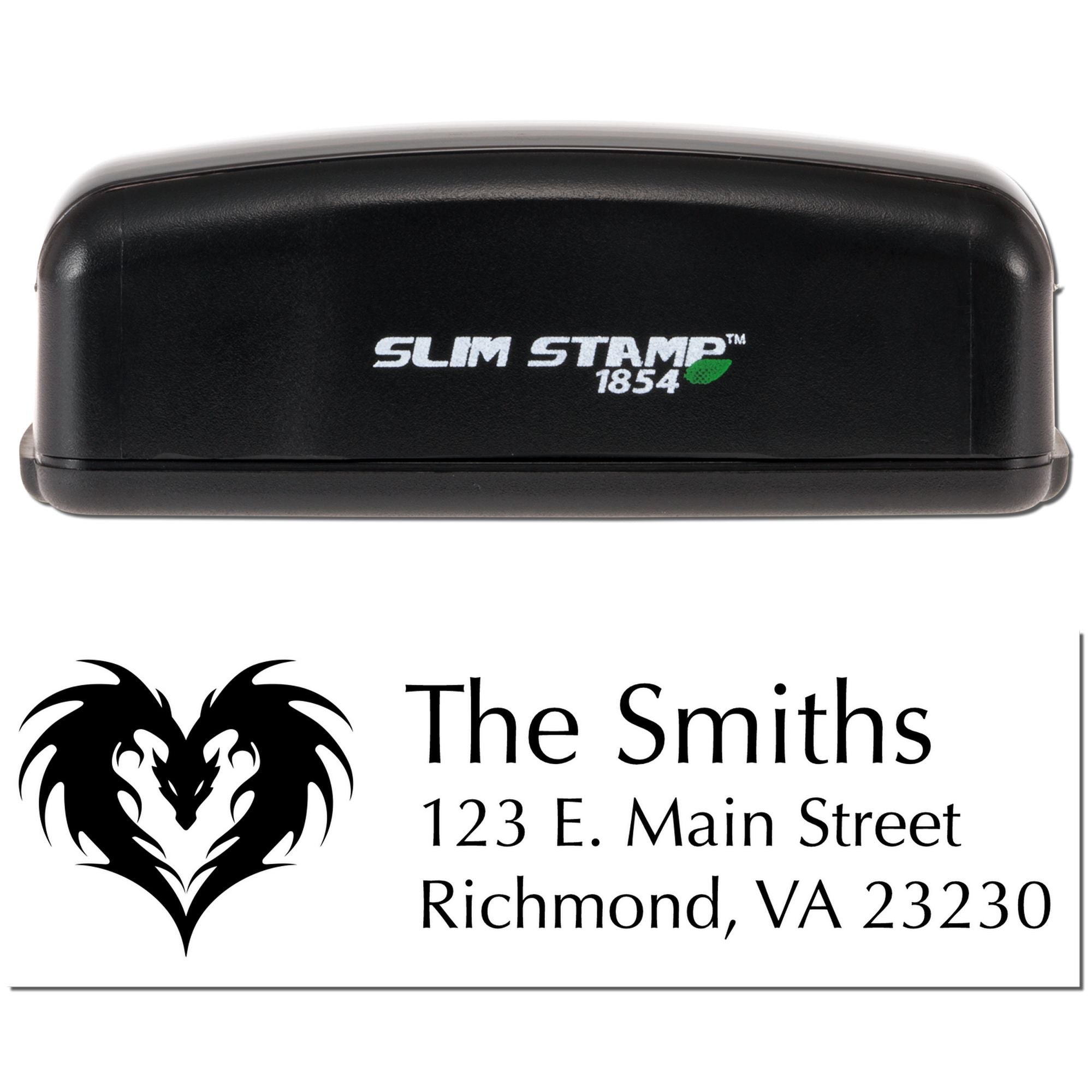 Slim Stamp 1854 custom address rubber stamp with dragon heart logo for The Smiths, 123 E. Main Street, Richmond VA 23230