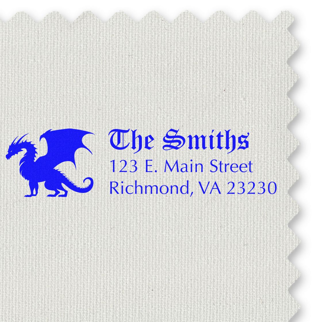 Custom address rubber stamp with dragon logo and The Smiths, 123 E. Main Street, Richmond, VA 23230.
