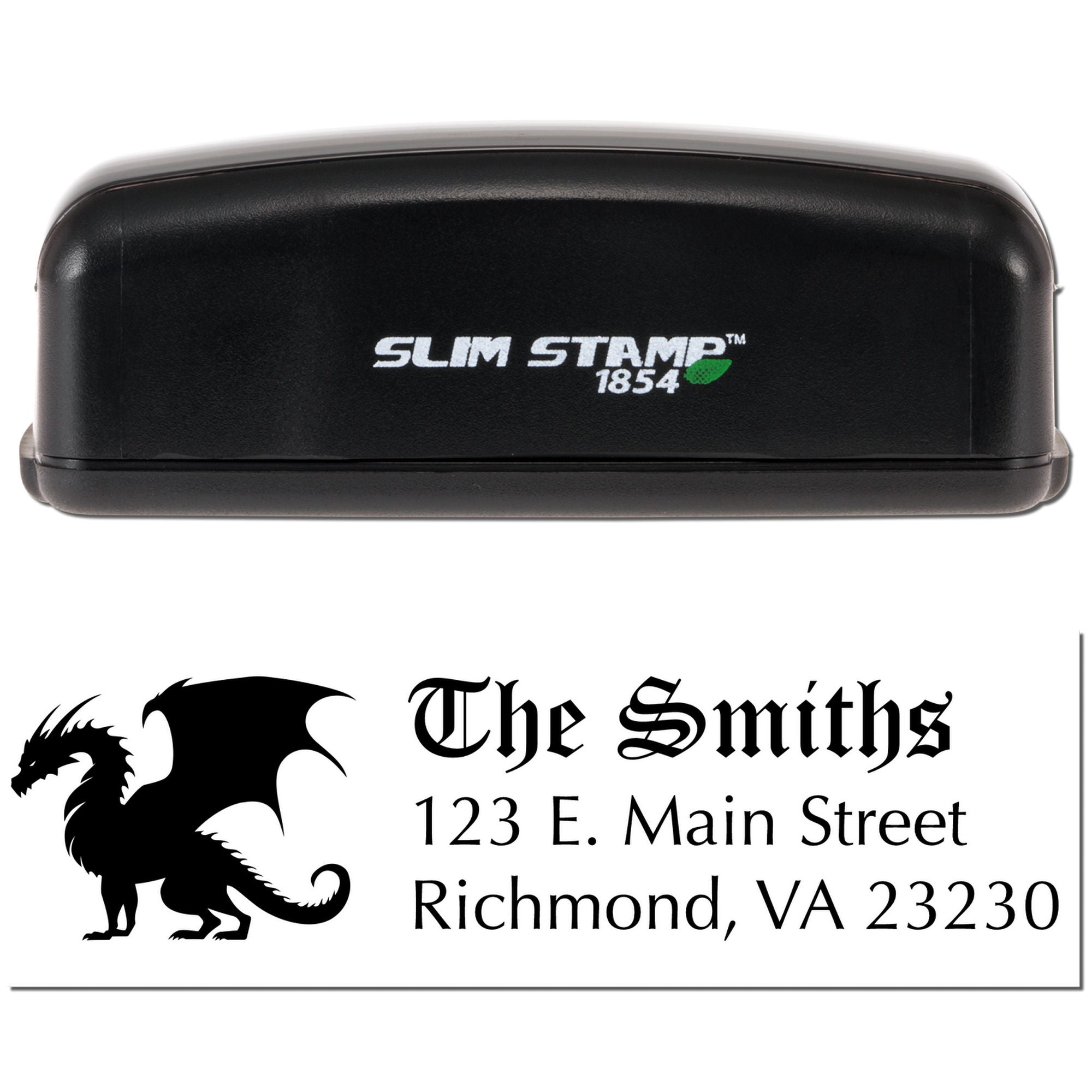 Custom Slim Stamp 1854 rubber stamp with dragon logo and return address for The Smiths, Richmond, VA 23230