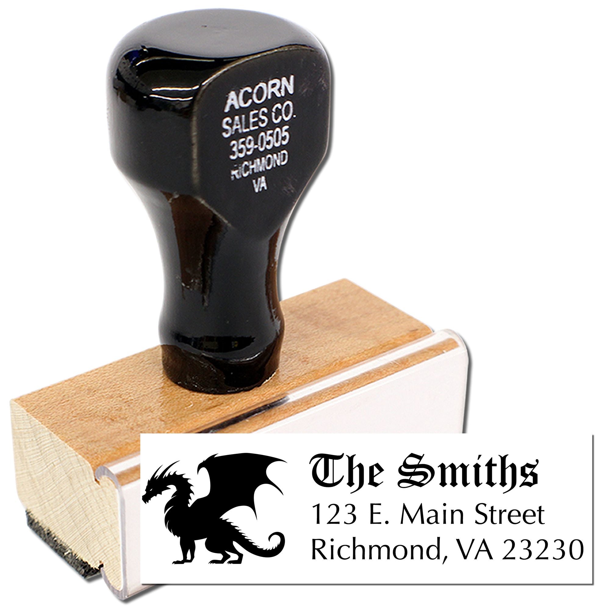 Custom self-inking rubber address stamp with business name, dragon logo, and mailing details for branding.