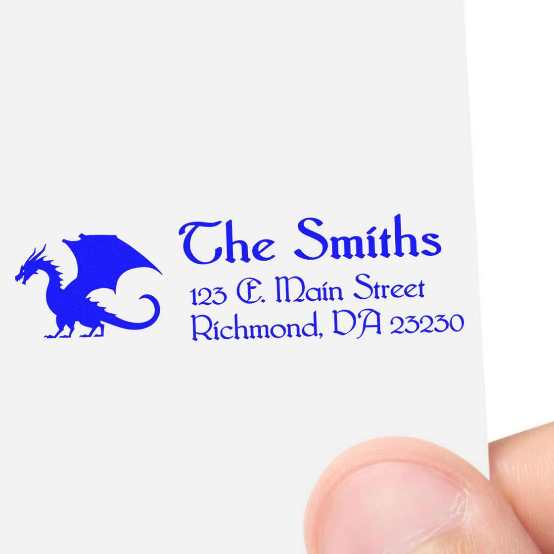 Personalized address rubber stamp with dragon logo for The Smiths, 123 E. Main Street, Richmond.