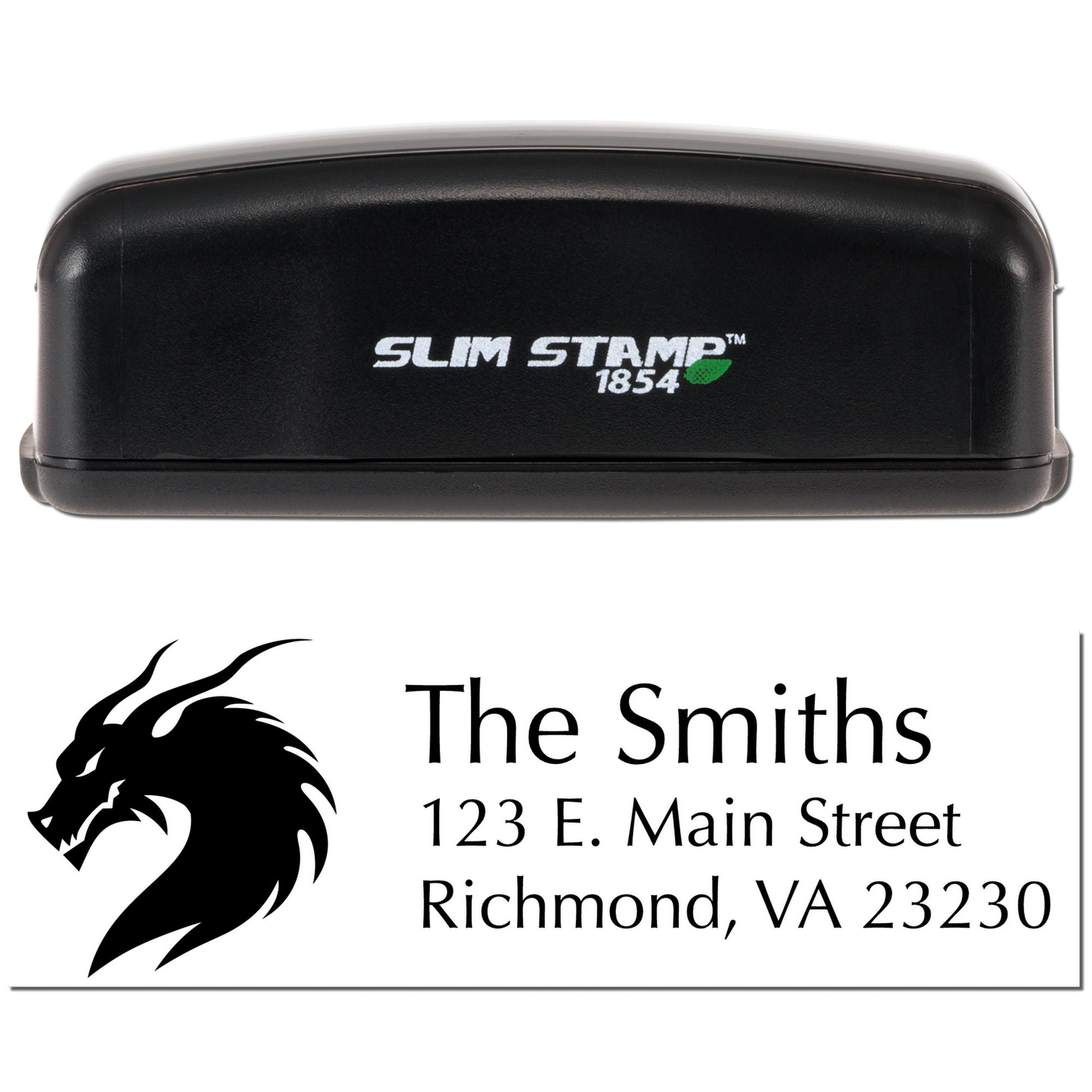 Slim Stamp 1854 self-inking rubber stamp with custom logo and address imprint for business return addresses.