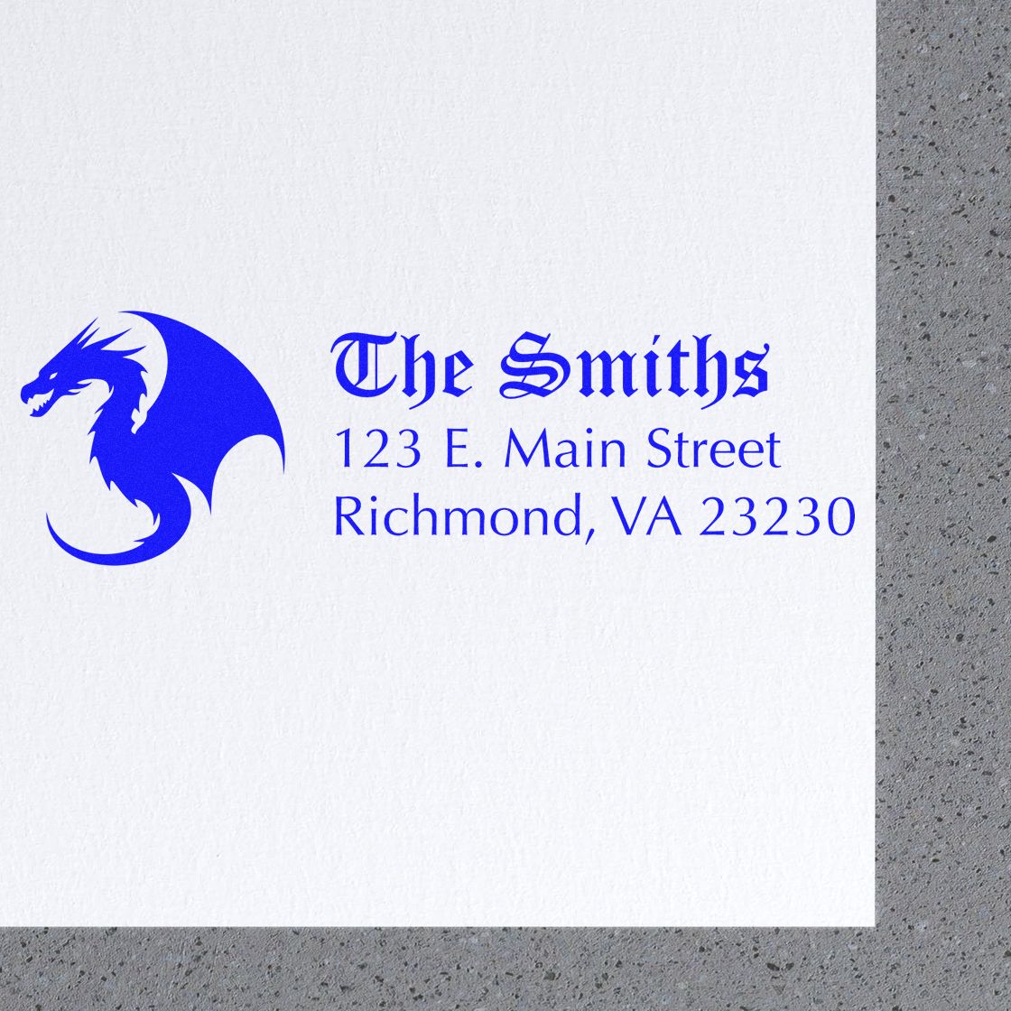 Personalized return address rubber stamp with blue dragon logo for The Smiths, 123 E. Main Street, Richmond, VA 23230