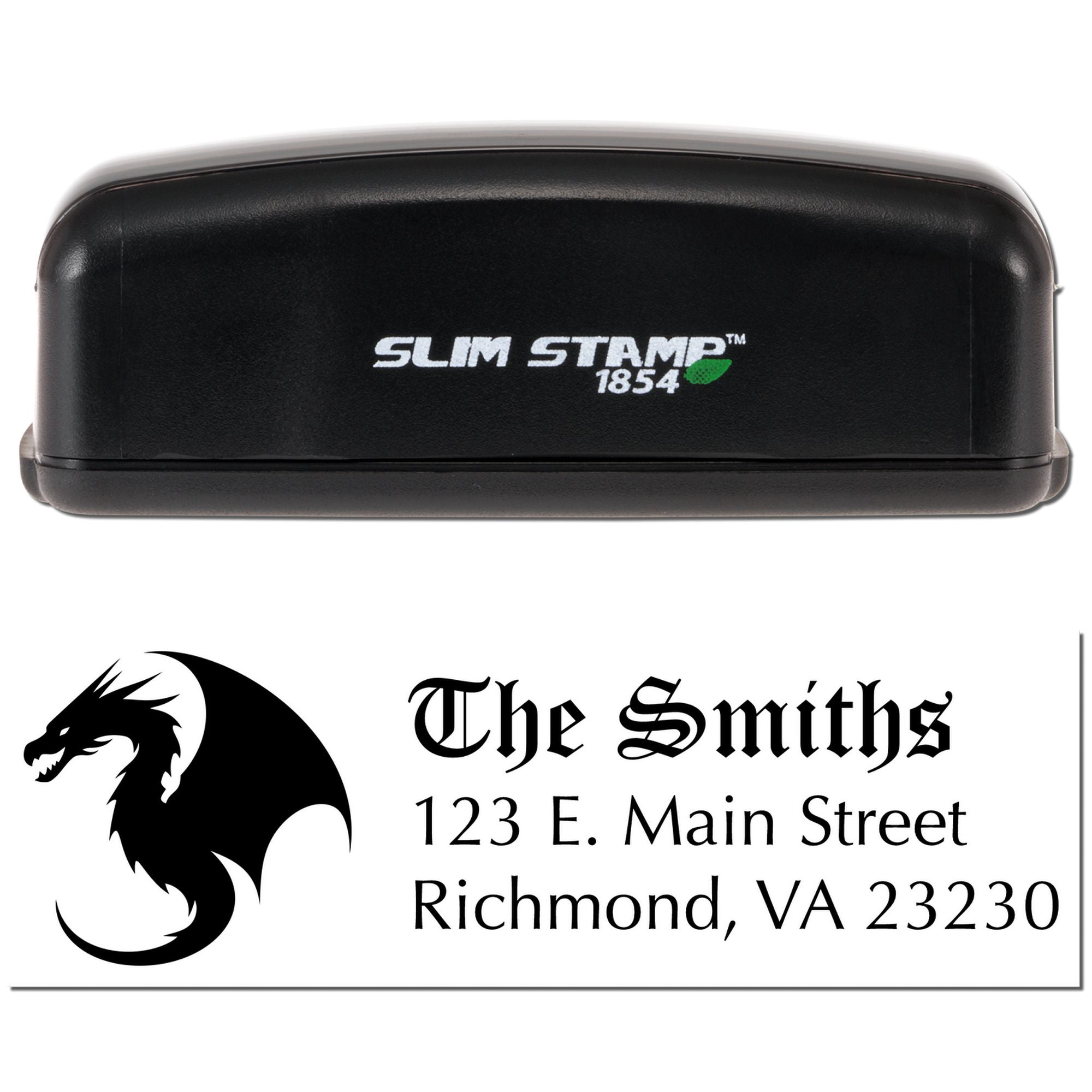 Custom self-inking rubber address stamp with dragon logo for The Smiths, Richmond, VA 23230