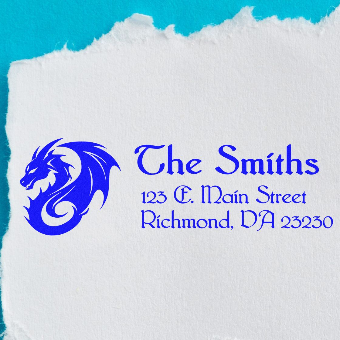 Custom address rubber stamp for The Smiths with dragon logo and Richmond, VA return address.