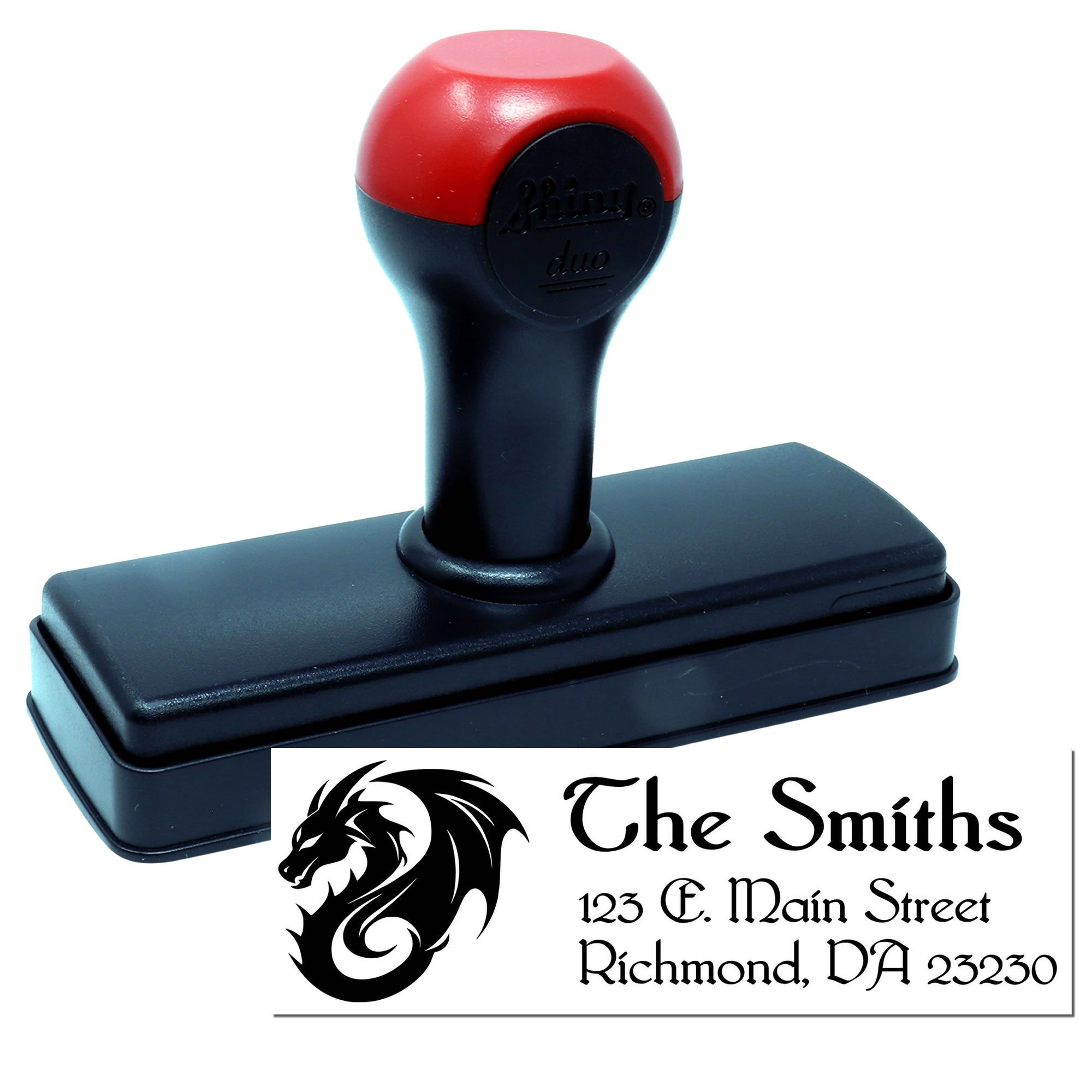 Custom self-inking address rubber stamp with lion logo for The Smiths, ideal for return mail and packaging.