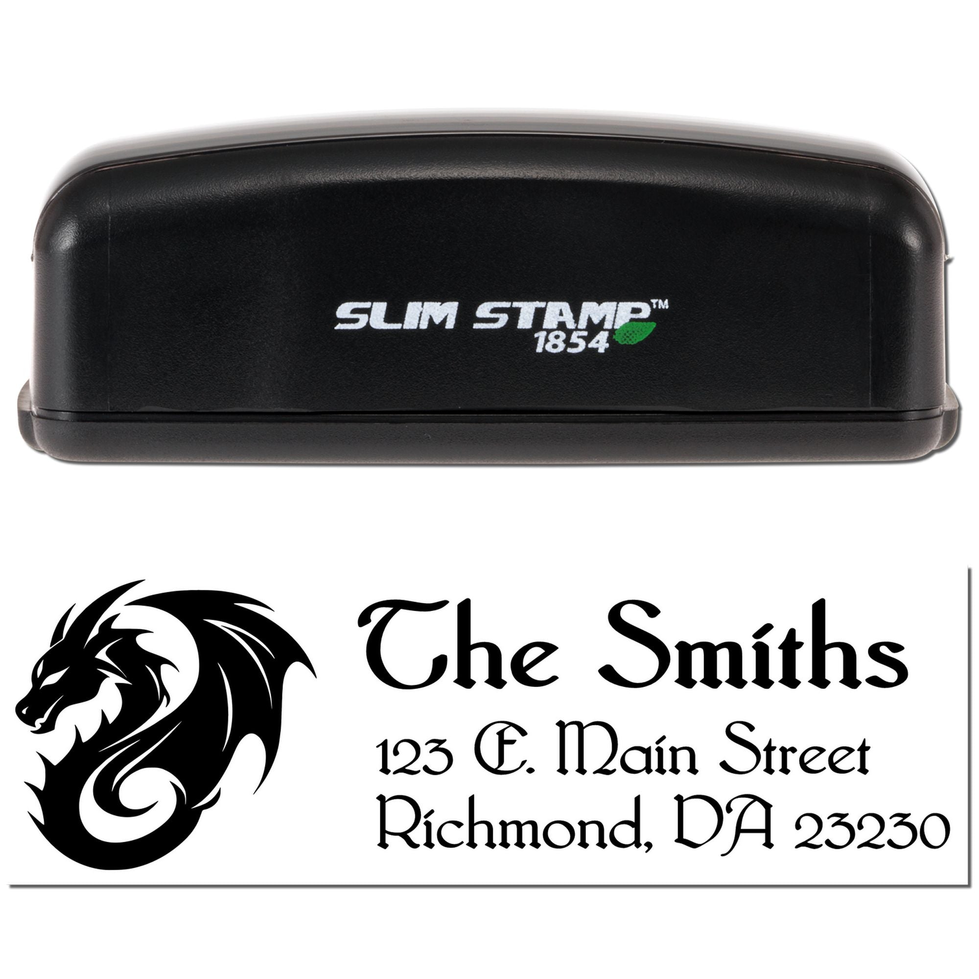 Personalized self-inking rubber stamp with dragon logo and return address for The Smiths, Richmond, VA.