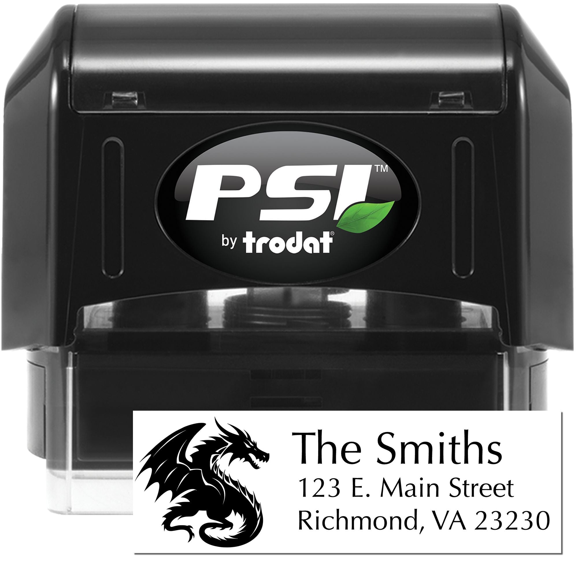 Custom self-inking rubber address stamp by PSI by Trodat with dragon design and The Smiths Richmond, VA return address.