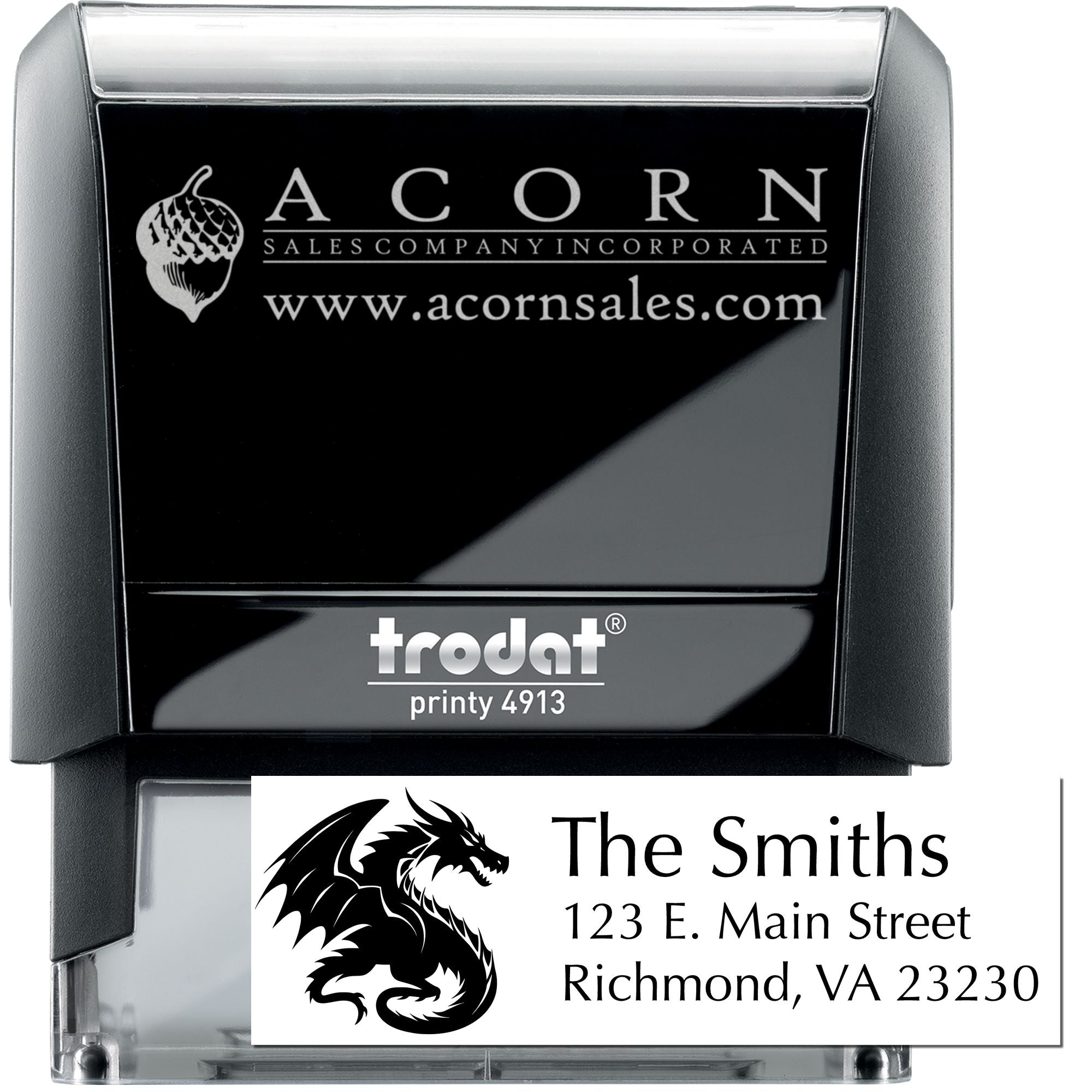 Custom self-inking rubber stamp with logo and address for business mailing and branding.