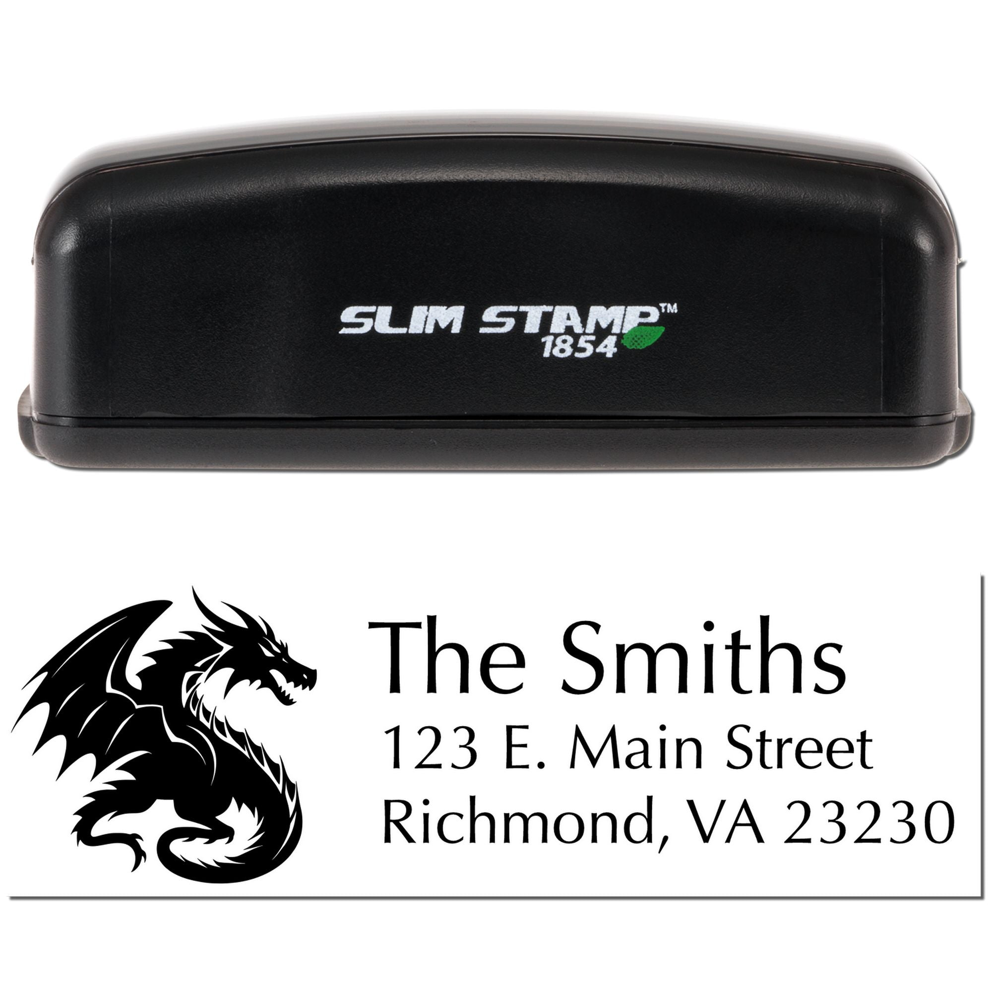 Slim Stamp 1854 personalized rubber address stamp with custom dragon logo and The Smiths return address