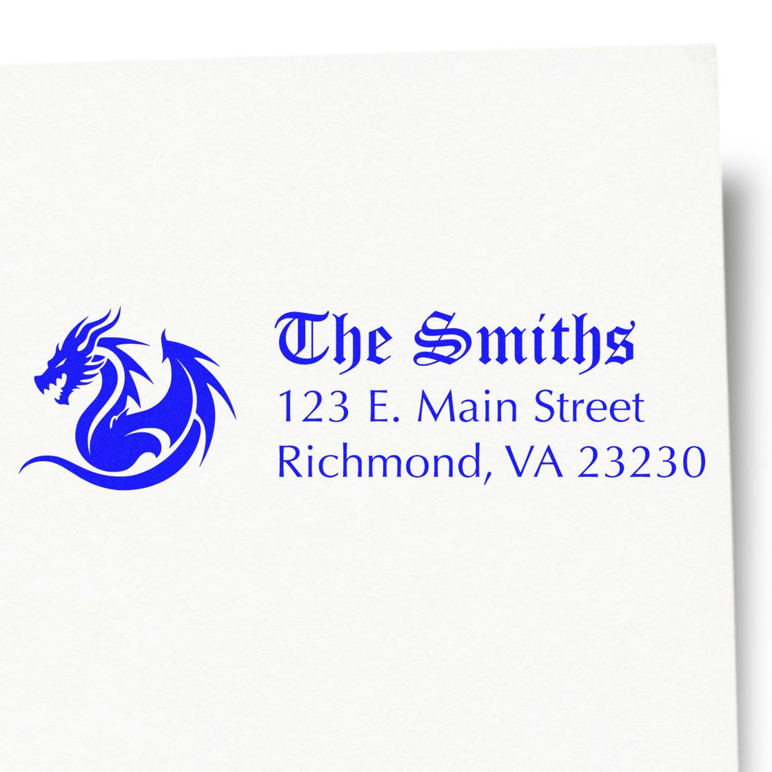 Custom return address rubber stamp with dragon logo for The Smiths, 123 E. Main Street, Richmond, VA 23230.